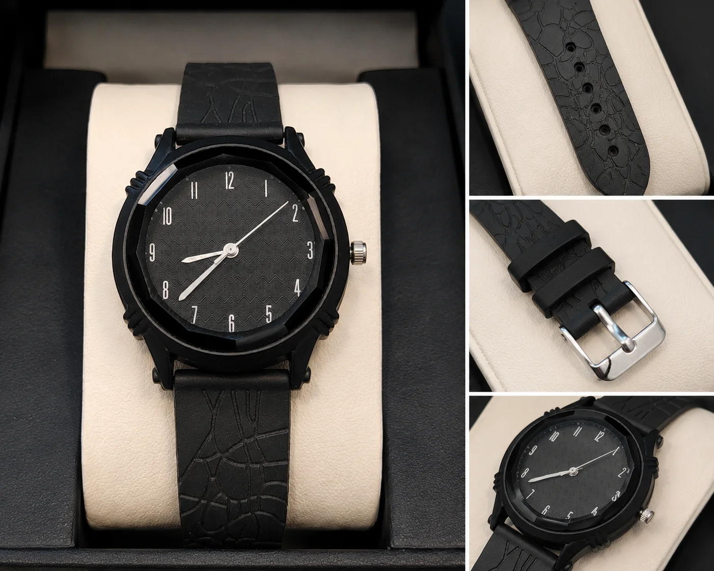 Fortune Time Black Analog Quartz Watch with Textured Silicone Strap