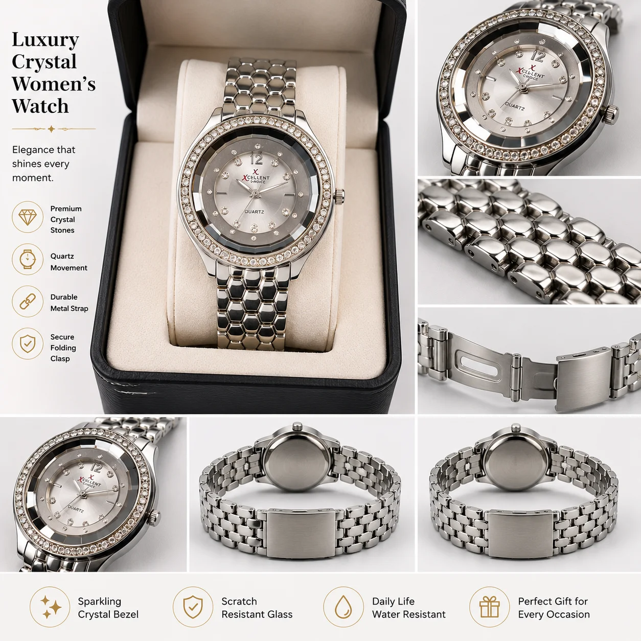 Luxury Silver Women's Crystal Analog Wrist Watch