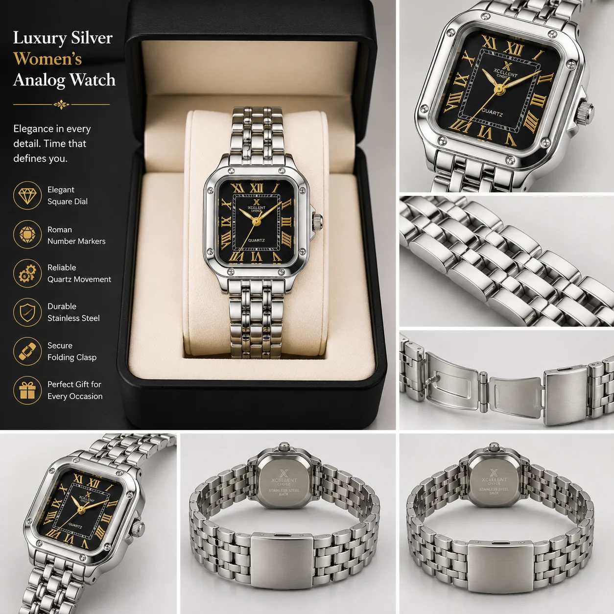 Luxury Silver Square Analog Wrist Watch for Women