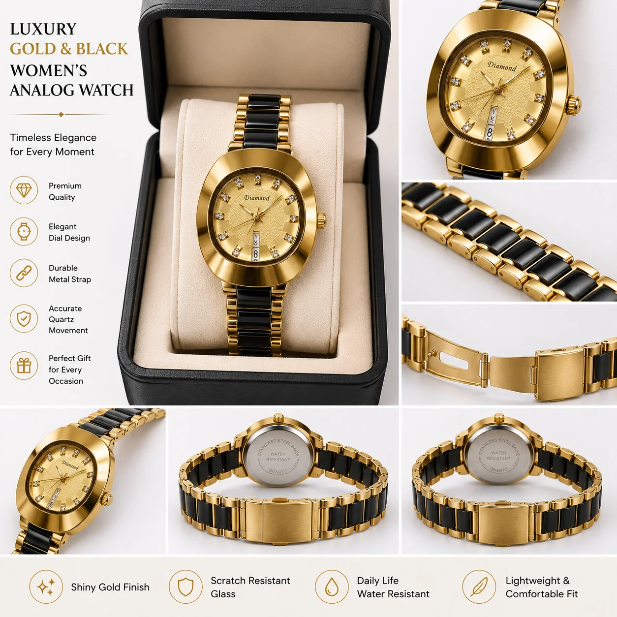 Diamond Gold & Black Women's Analog Quartz Watch