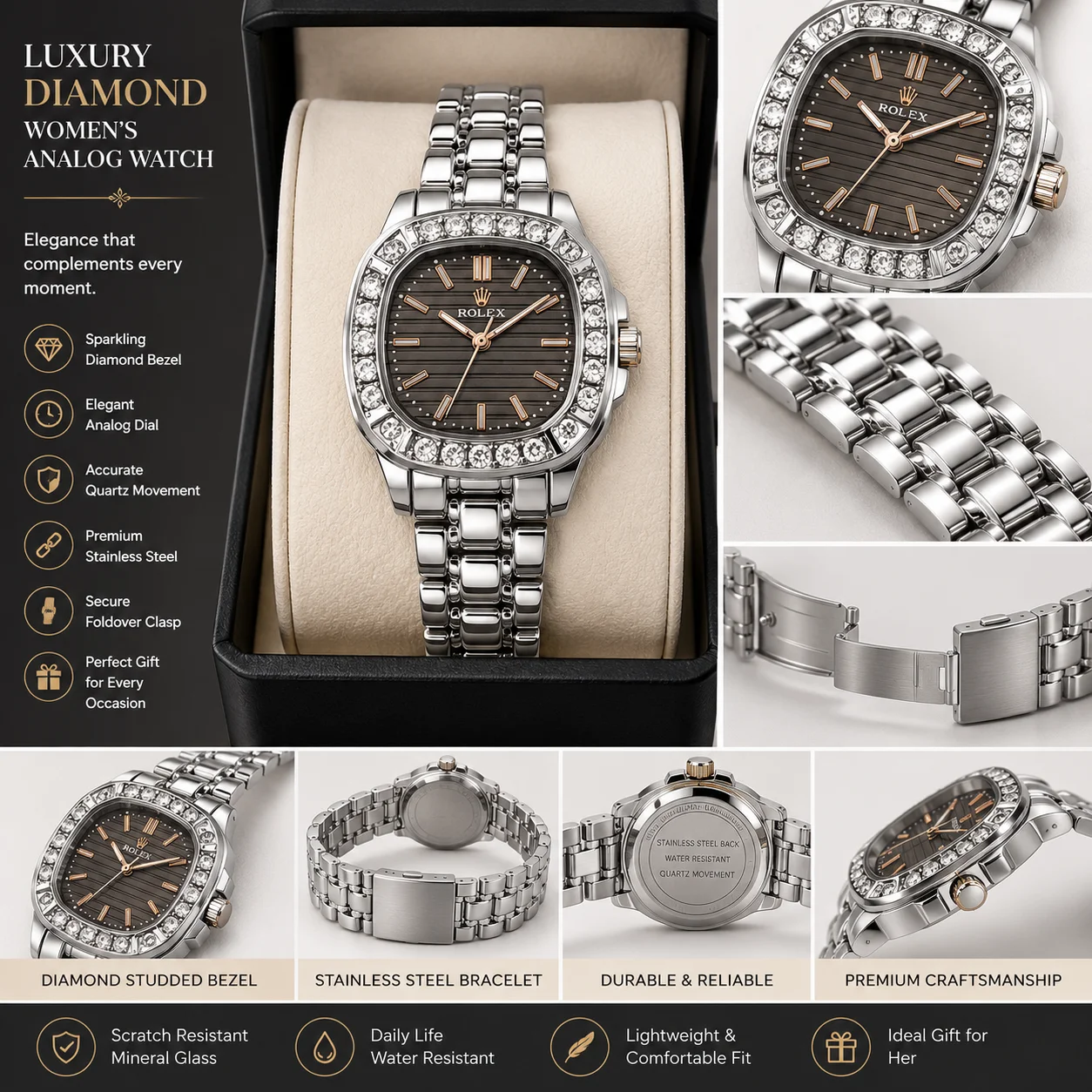 Luxury Silver Crystal Women's Analog Wrist Watch
