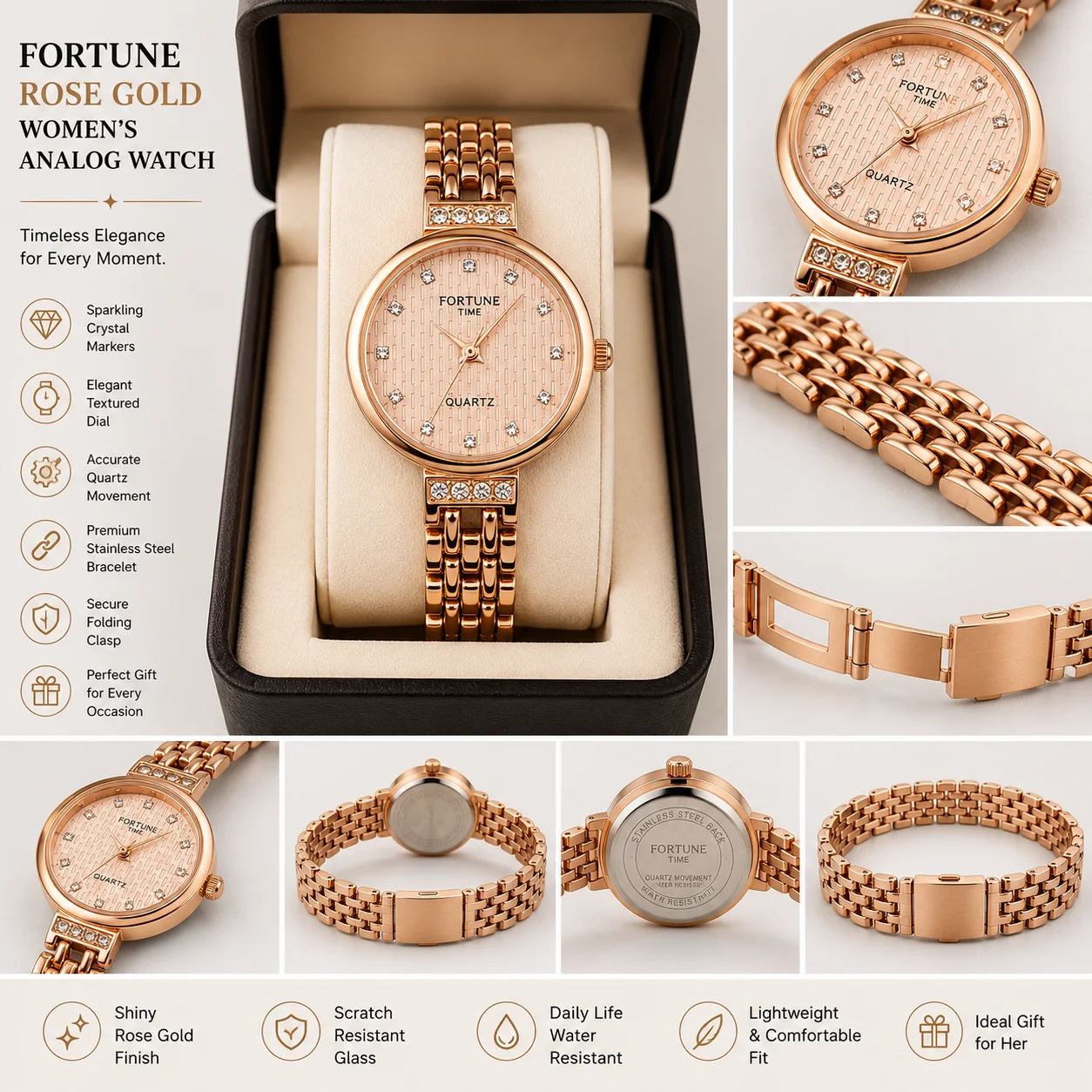 Luxury Rose Gold Women's Analog Wrist Watch