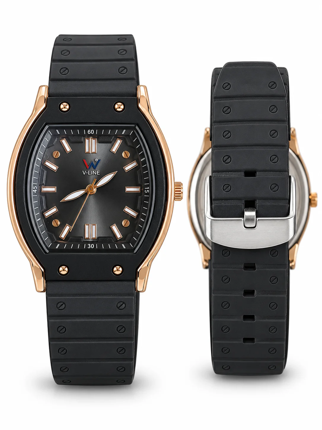 V-Line Men’s Black Rubber Strap Quartz Watch – Rose Gold Edition