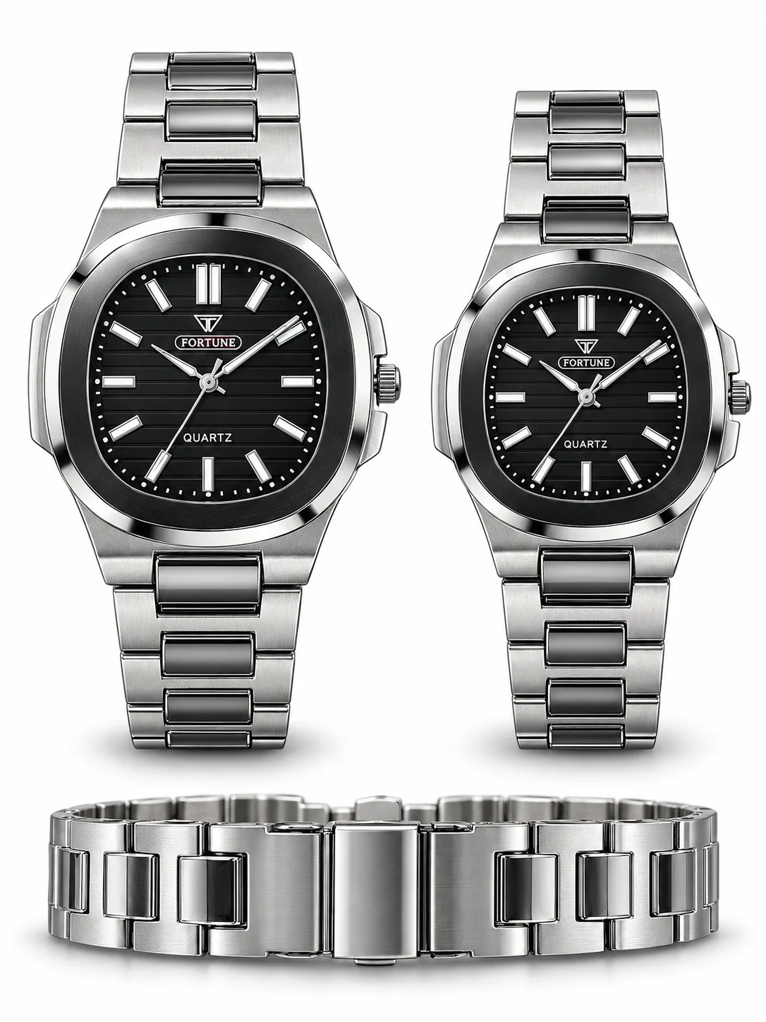Fortune Couple Quartz Watch Set – Silver Stainless Steel with Black Dial