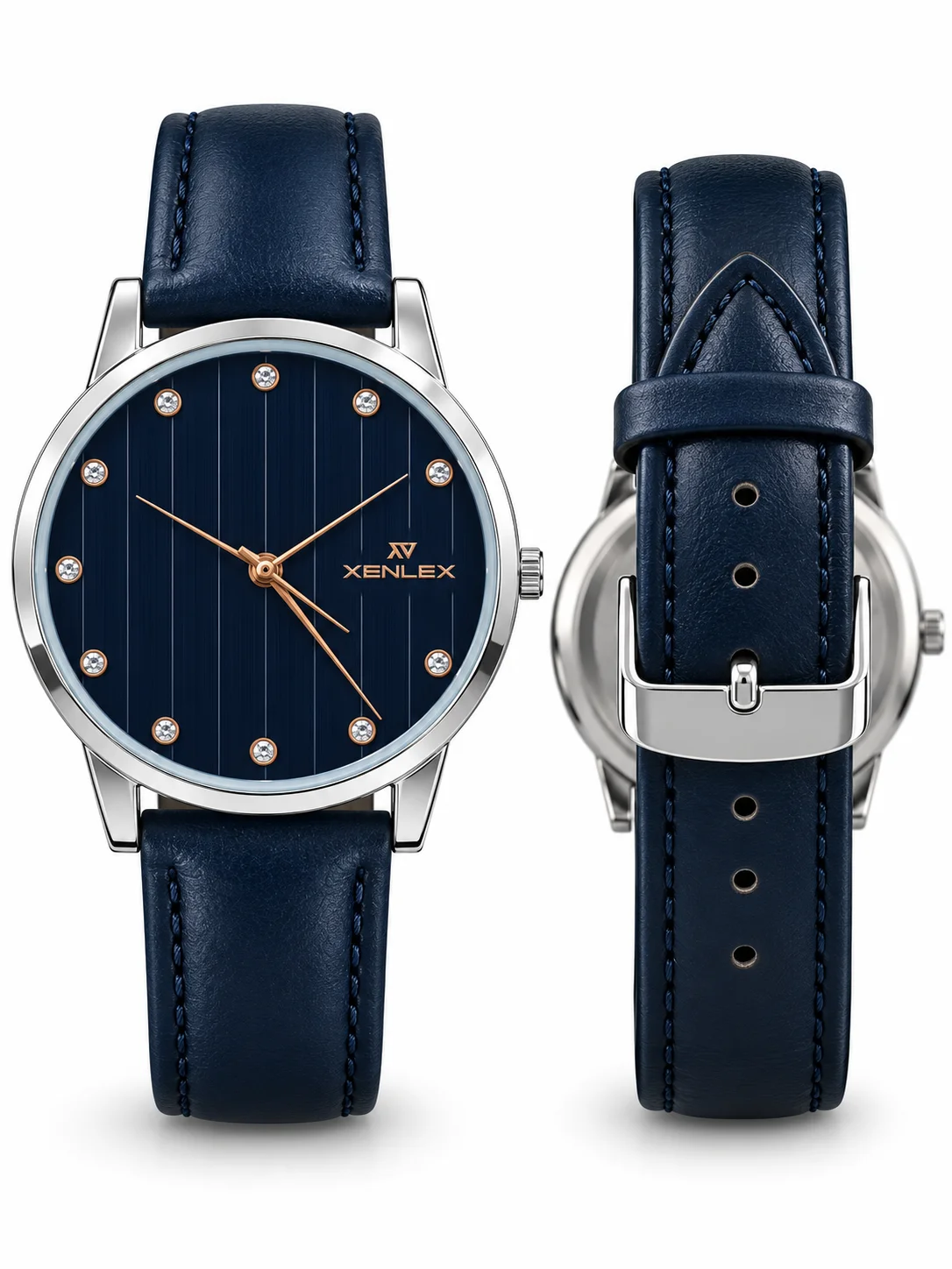 Xenlex Classic Quartz Watch – Navy Blue Dial & Leather Strap