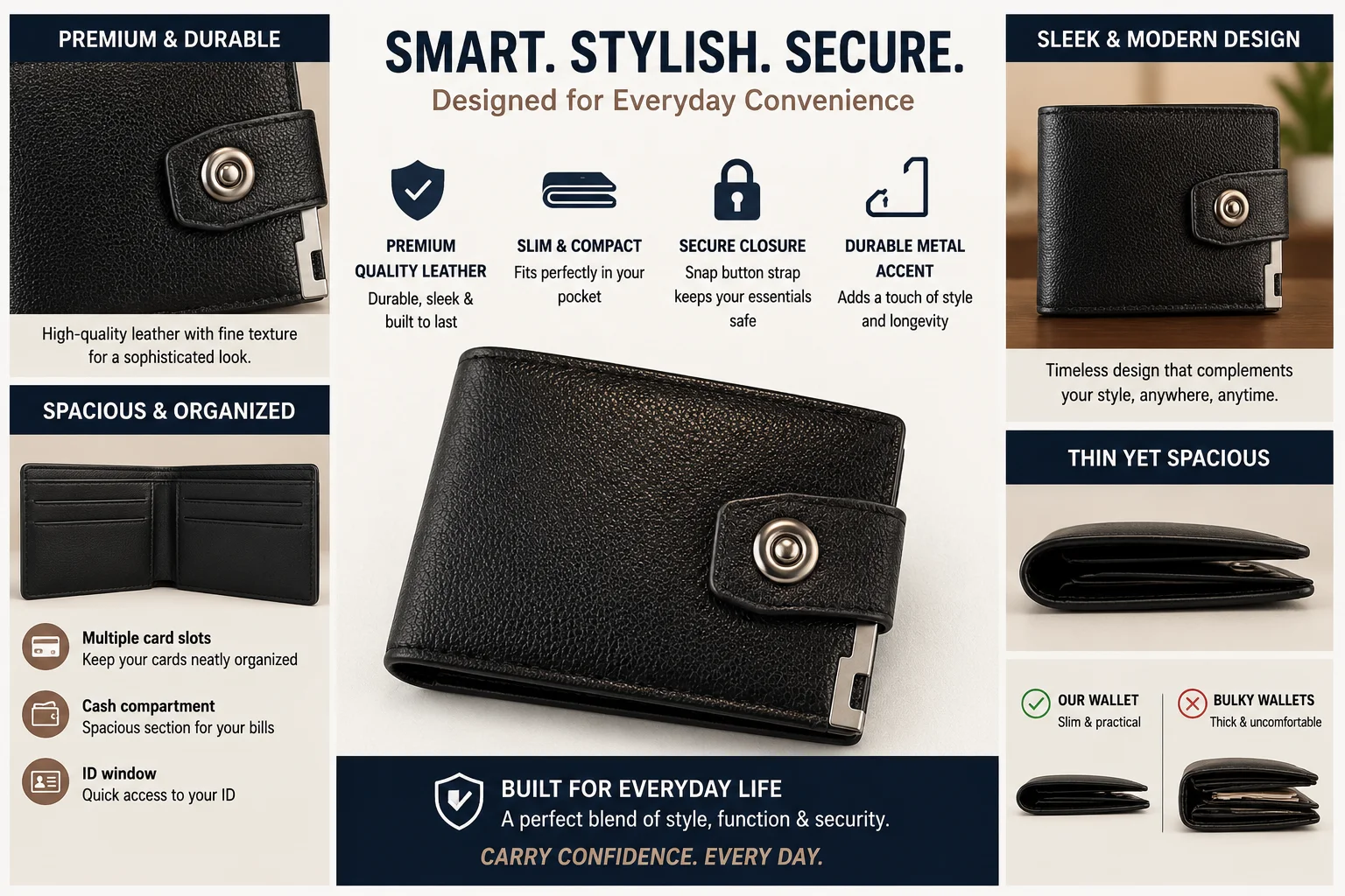 Premium Men's Leather Wallet – Stylish Snap Closure Bifold