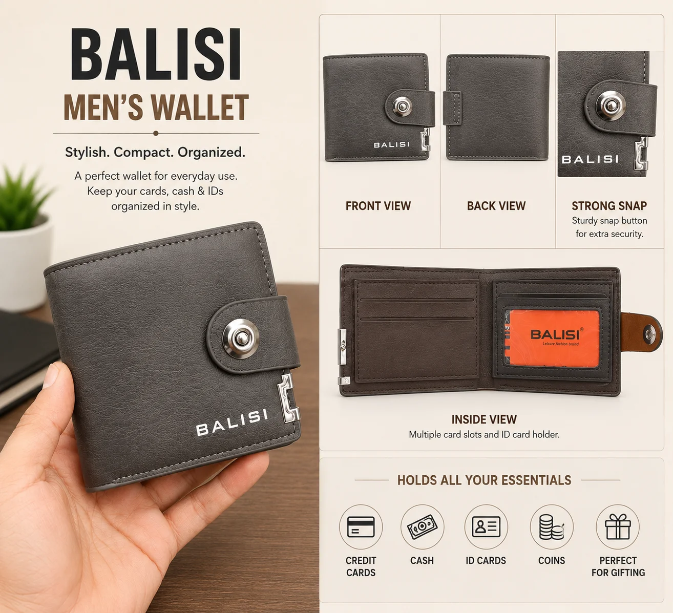 BALISI Premium Men's Bi-Fold Wallet – Secure Snap Lock Design