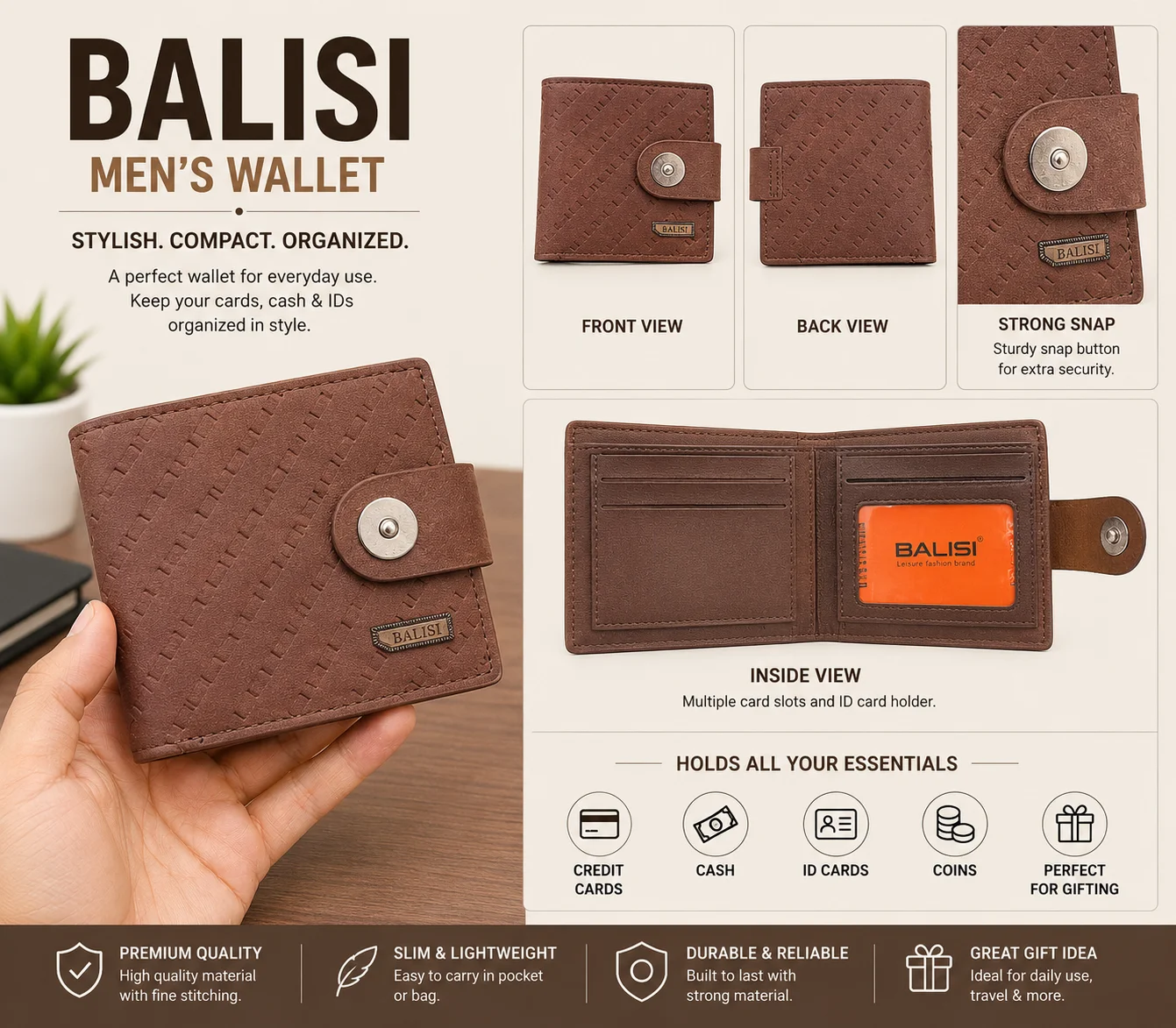 BALISI Premium Snap-Lock Men's Wallet – Brown Edition