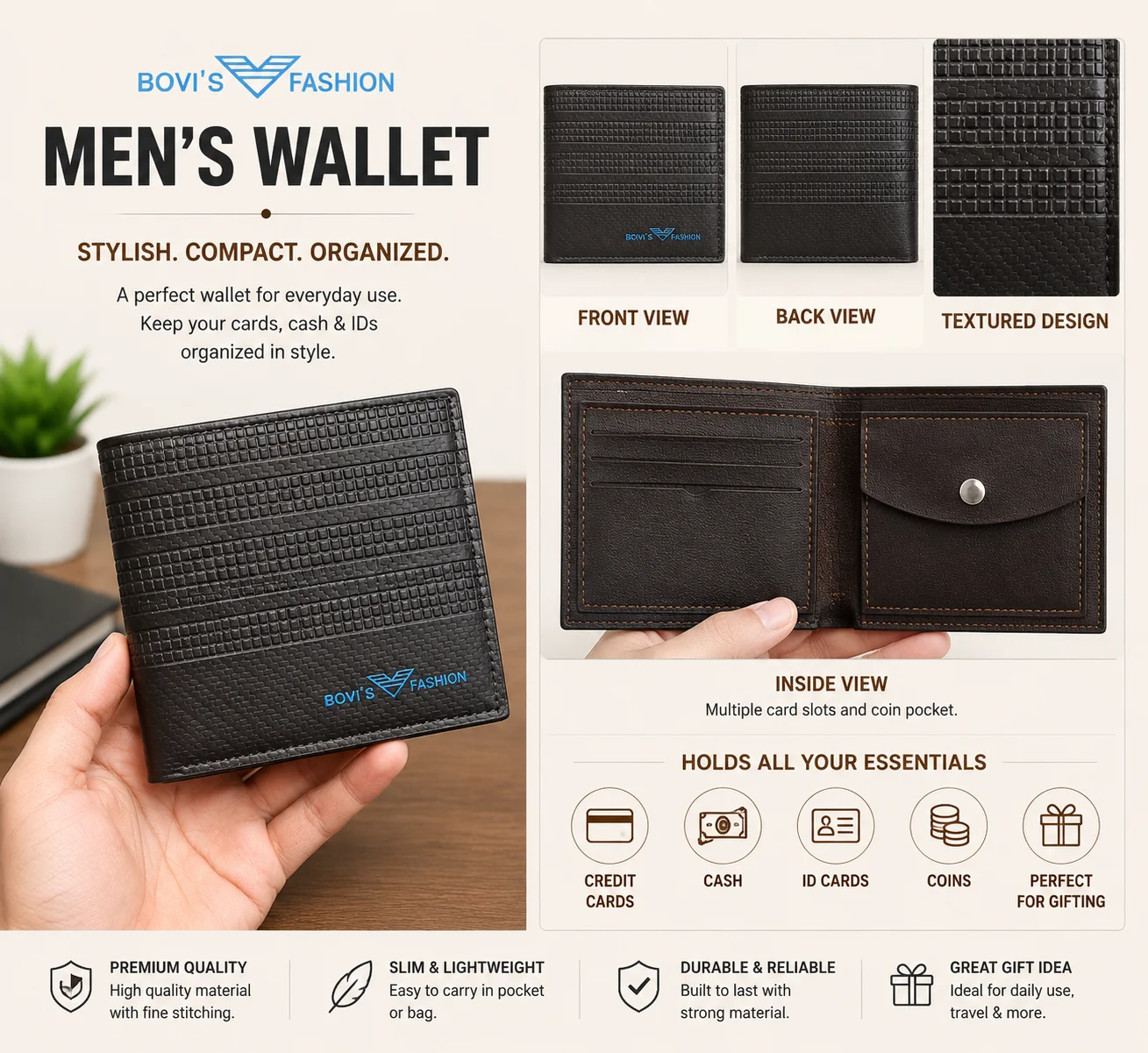 BOVI'S Fashion Men's Wallet – Premium Textured Bi-Fold Wallet