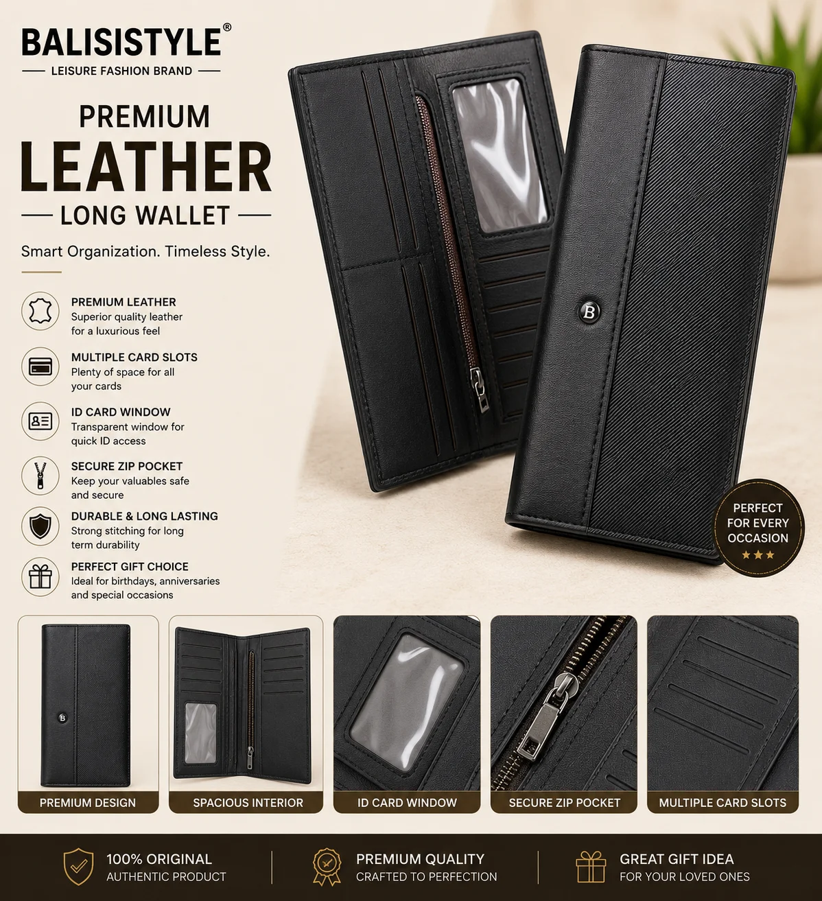 Premium Black Leather Long Wallet – Multi Card Holder with ID Window & Secure Zip Pocket