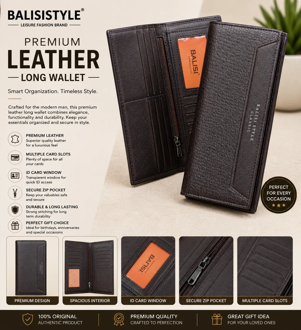 BalisiStyle Classic Premium Leather Long Wallet – Elegant Multi-Card Organizer