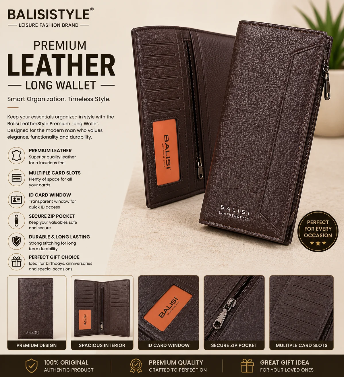 Balisi LeatherStyle Premium Long Wallet – Classic Zip Organizer Wallet