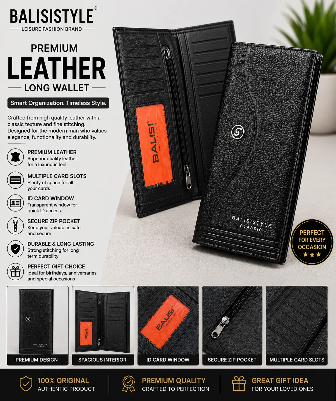 BalisiStyle Classic Black Leather Long Wallet – Premium Multi-Card Organizer