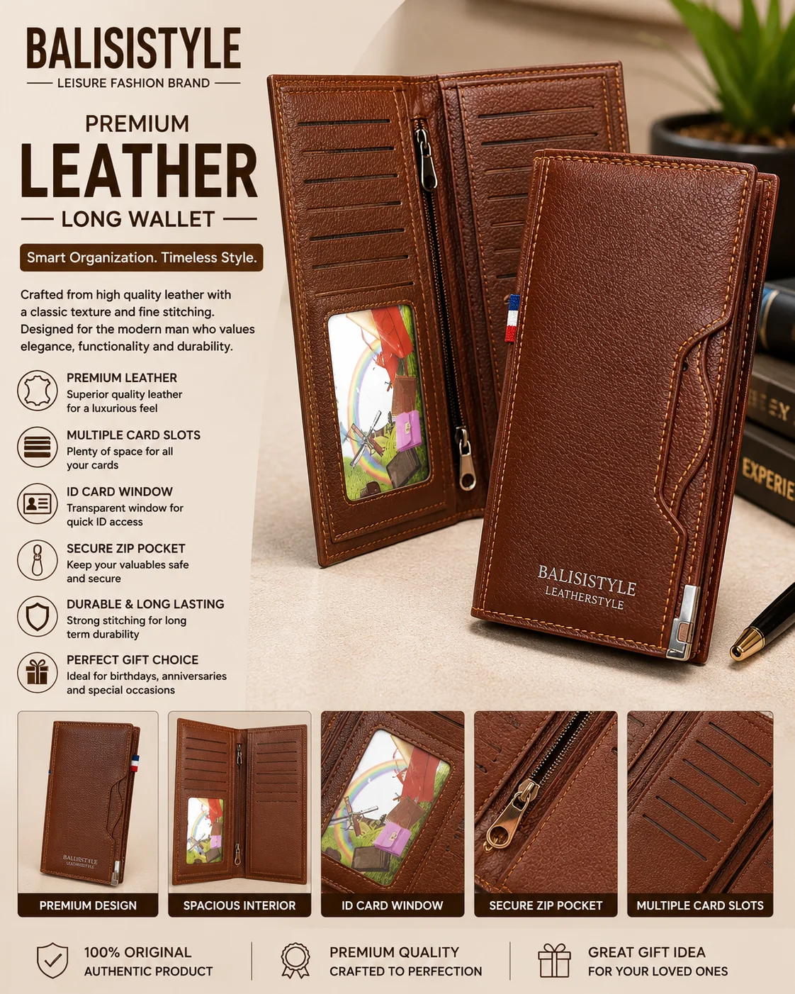 Premium Brown Leather Long Wallet – Multi-Card Organizer with ID Window