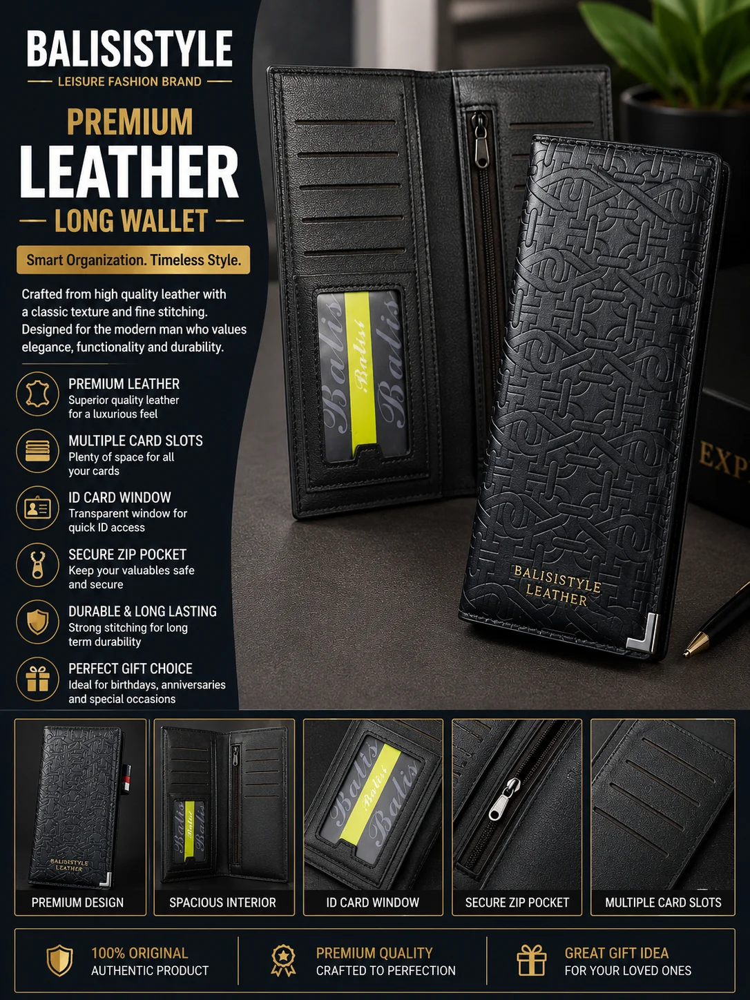BALISI Style Premium Embossed Leather Long Wallet – Black