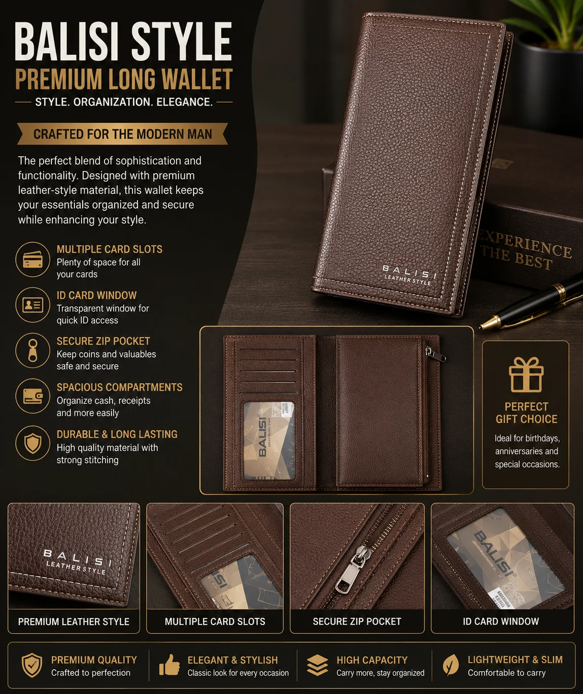BALISI Leather Style Premium Long Wallet – Coffee Brown