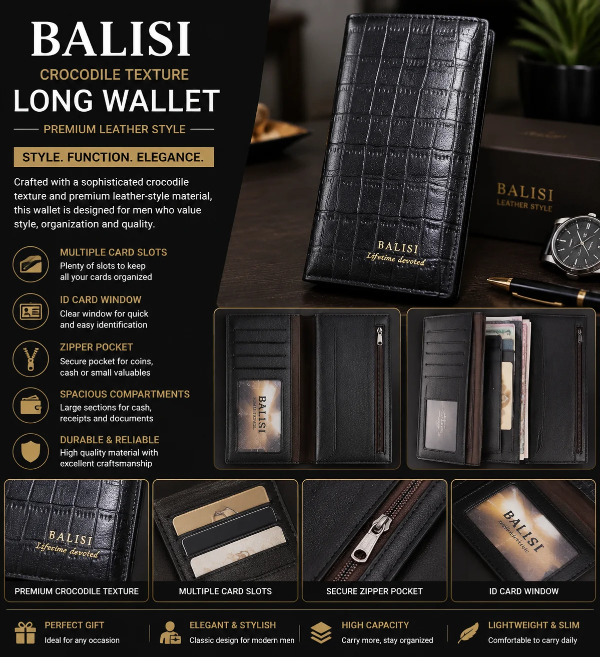Balisi Crocodile Texture Long Wallet – Premium Men's Leather Style Wallet