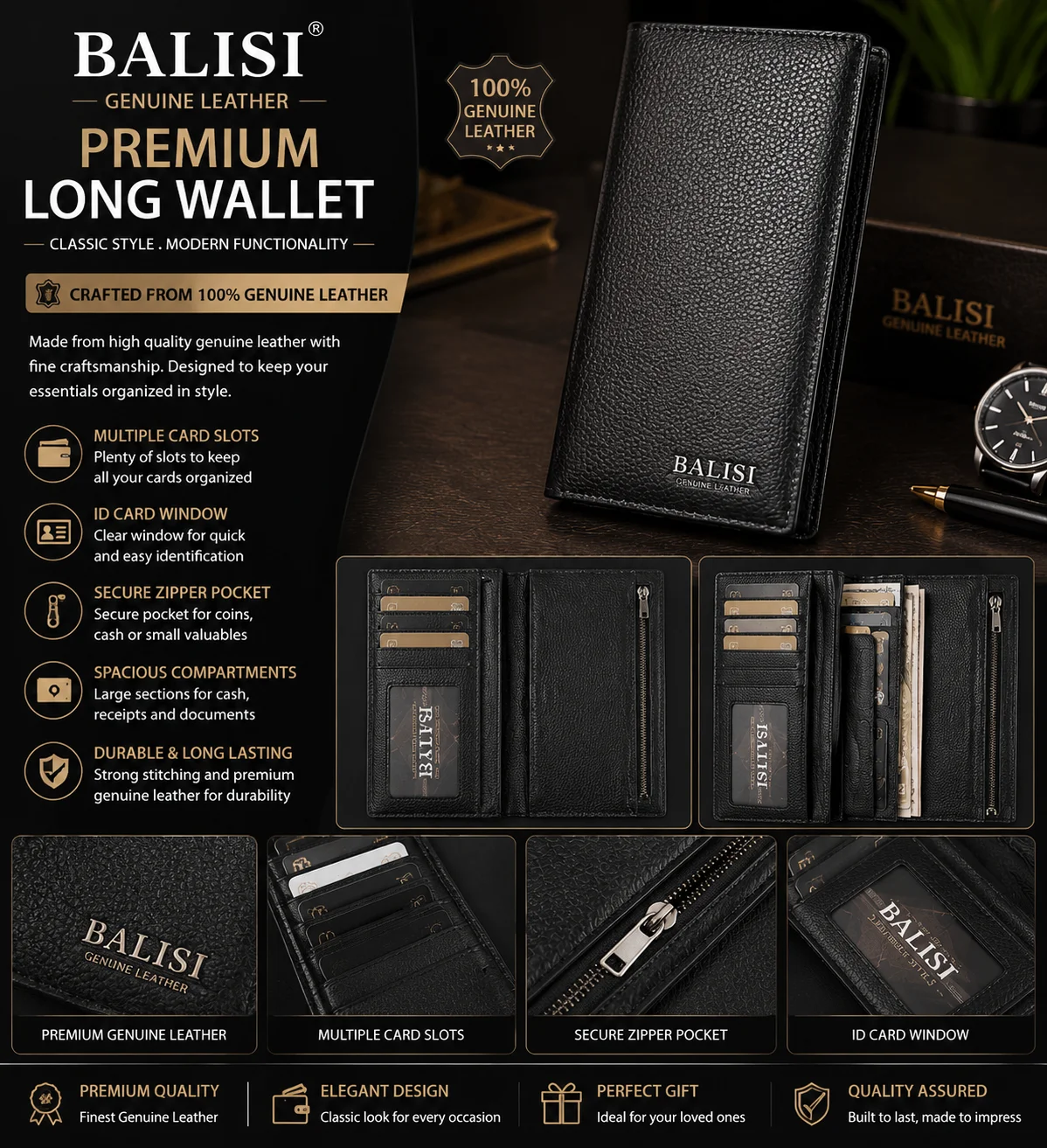 Genuine Leather Premium Long Wallet for Men – Classic Executive Wallet