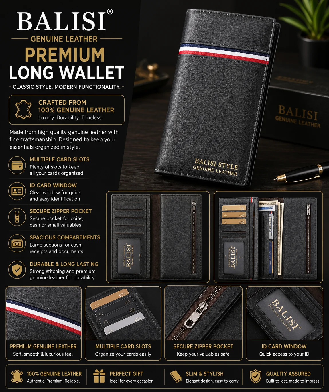 BALISI Genuine Leather Long Wallet – Premium Men's Wallet with Zipper Pocket