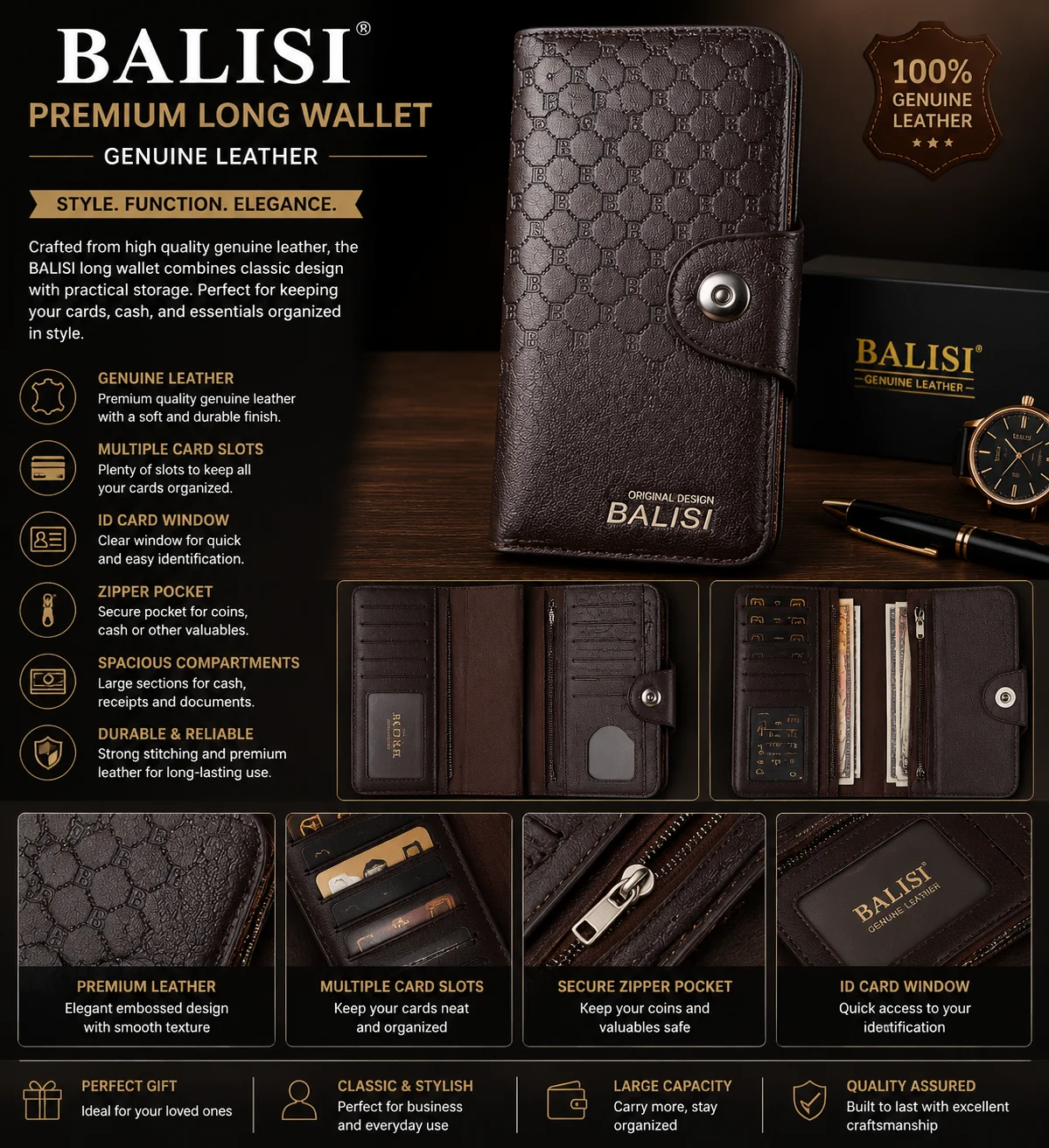 BALISI Premium Button Closure Long Wallet – Genuine Leather Men's Wallet