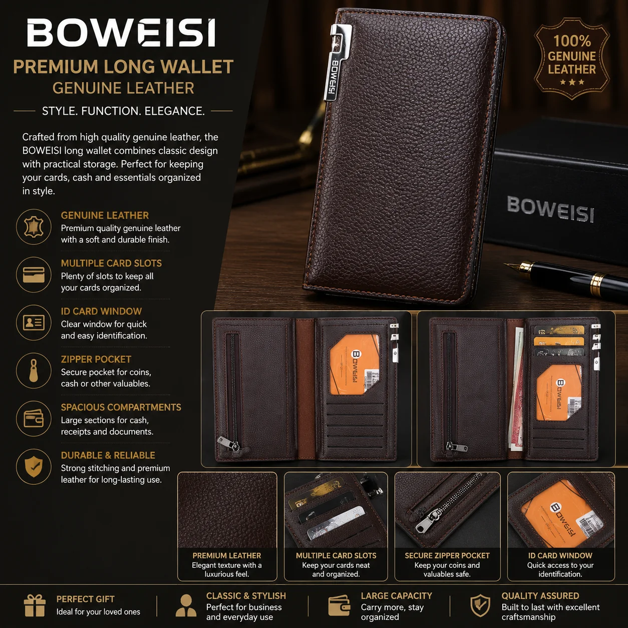 BOWEISI Genuine Leather Long Wallet for Men – Premium Card Holder & Cash Organizer