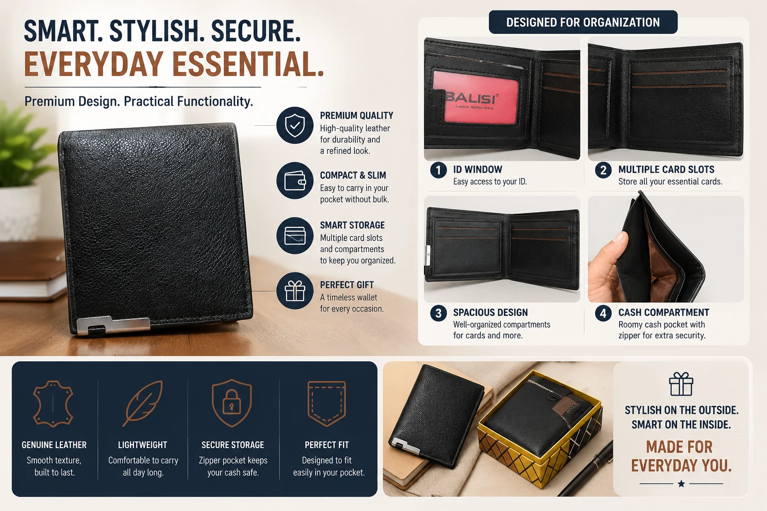 BALISI Genuine Leather Men's Wallet – Premium Black Bifold Wallet