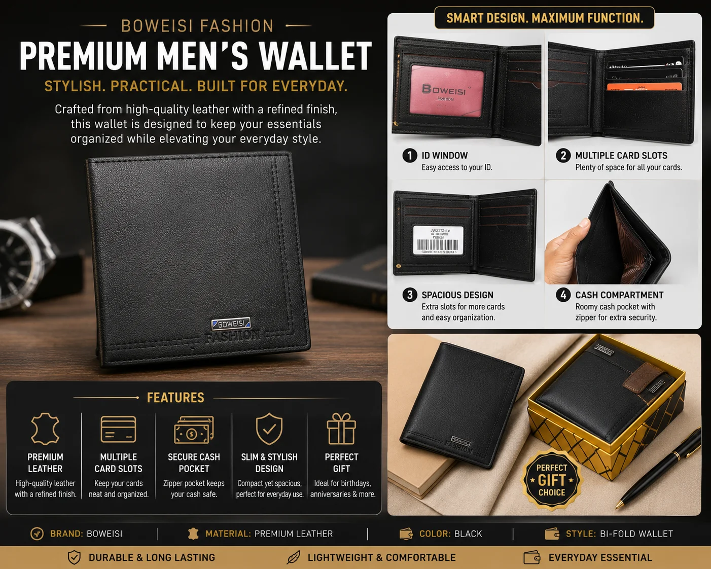 BOWEISI Fashion Premium Men's Wallet – Black Leather Bifold Wallet