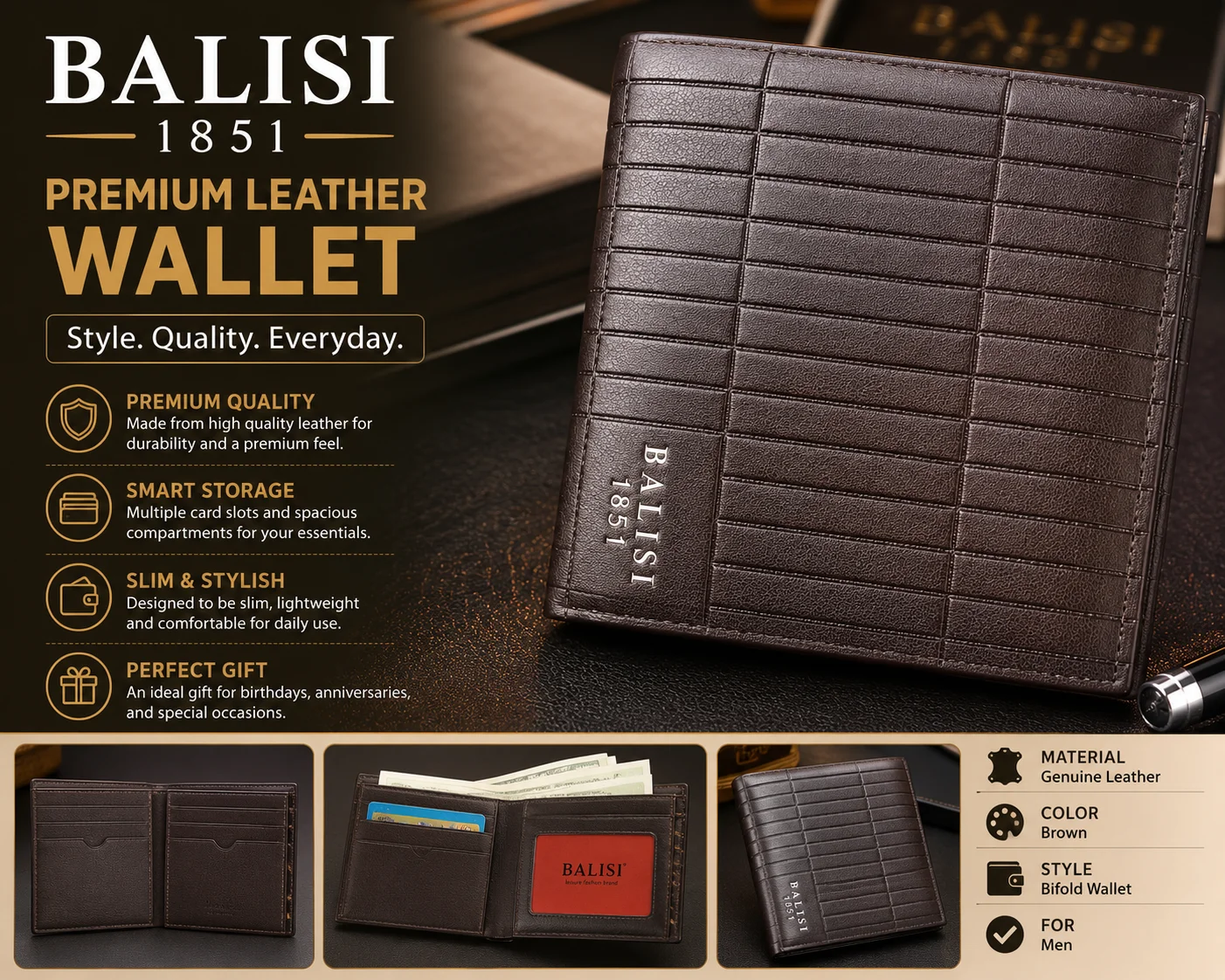 BALISI 1851 Premium Men's Wallet – Textured Black Edition