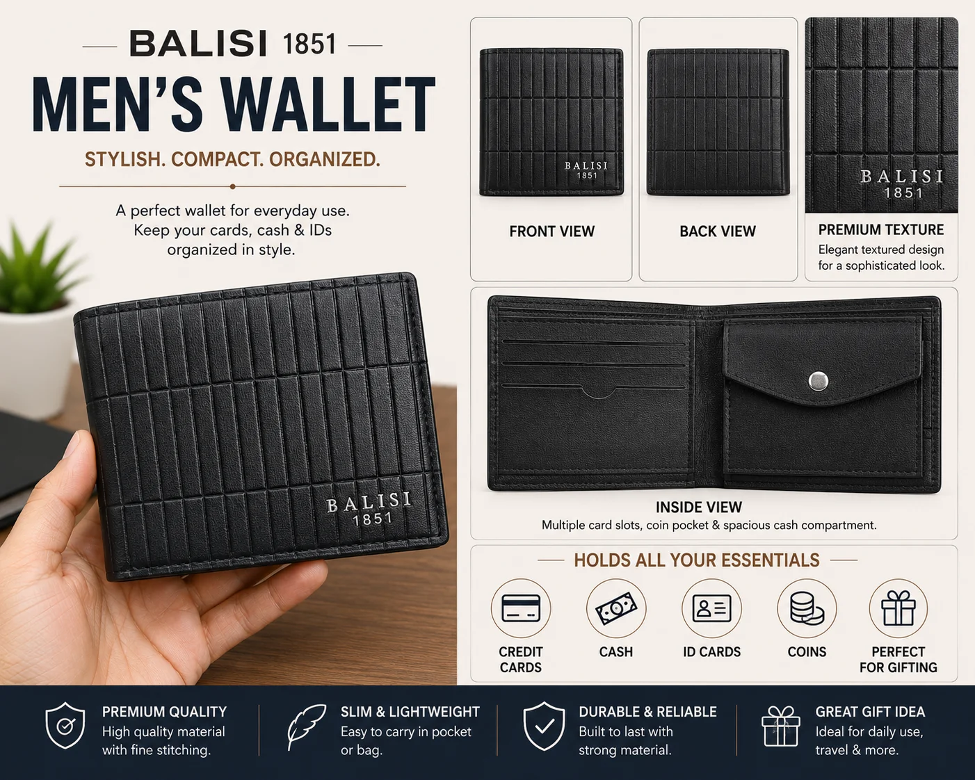 BALISI 1851 Premium Men's Wallet – Textured Black Edition