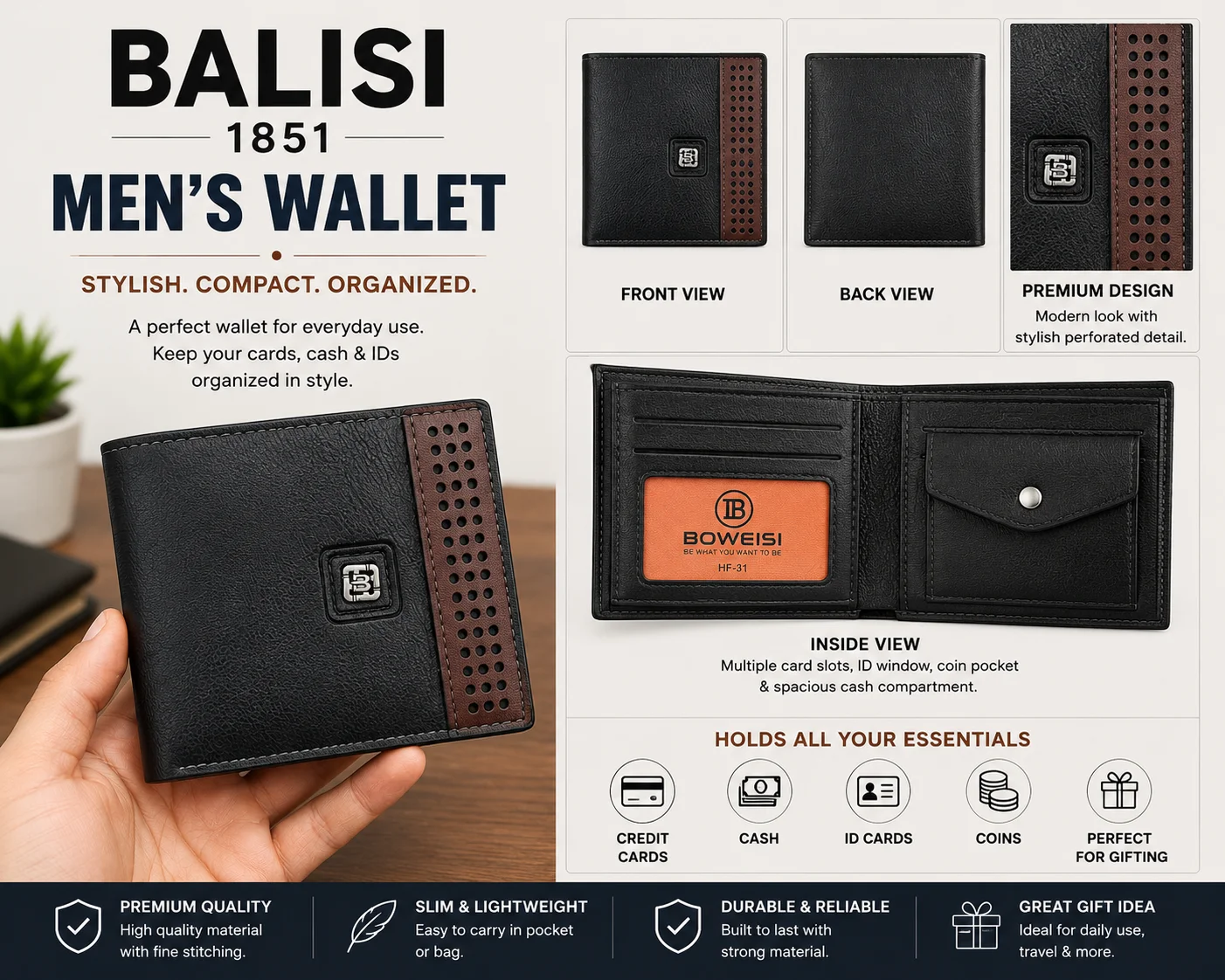 BALISI 1851 Premium Men's Wallet – Black & Brown Edition