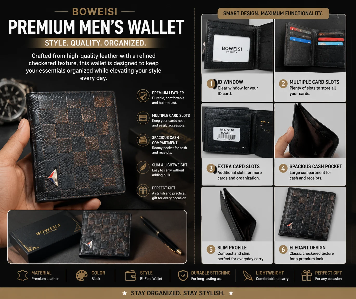 BOWEISI Checkered Leather Wallet – Premium Men's Bifold Wallet