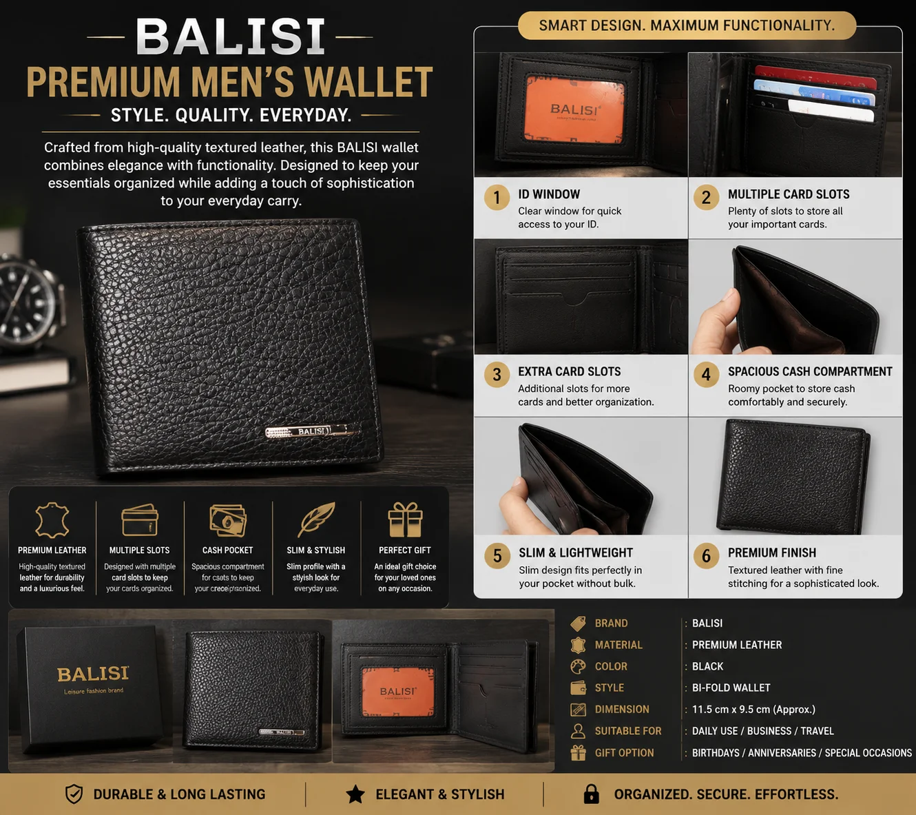 BALISI Premium Leather Men's Wallet – Classic Black Bifold Wallet