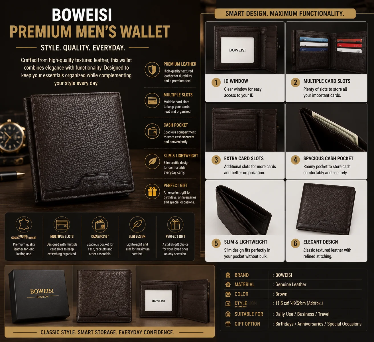 BOWEISI Premium Men's Leather Wallet – Classic Black Edition