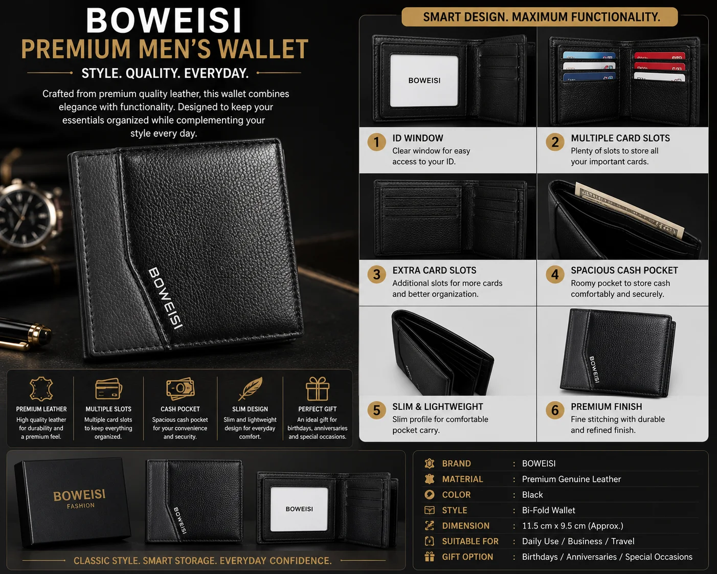 BOWEISI Premium Genuine Leather Men's Wallet – Classic Bi-Fold Wallet