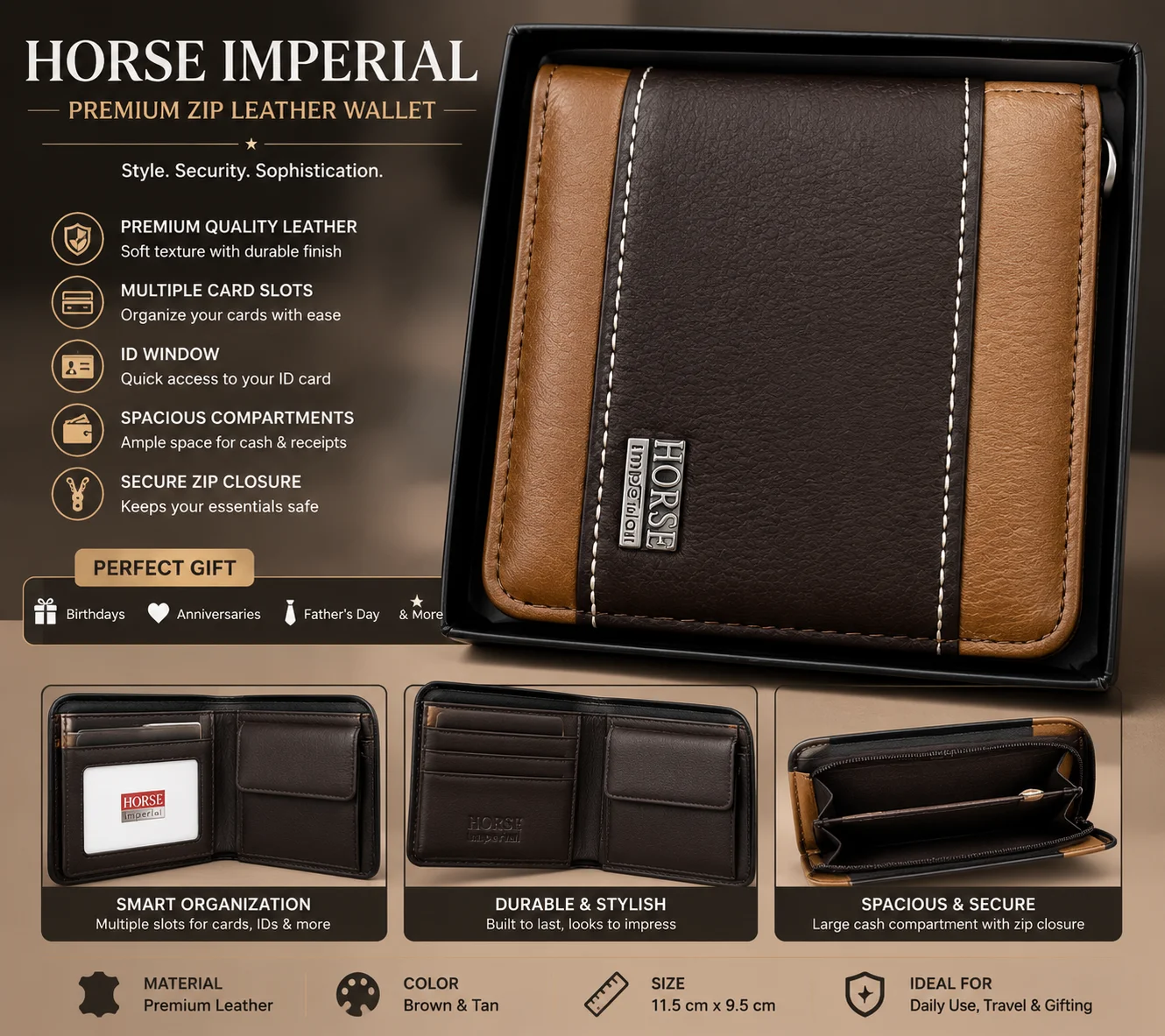 Horse Imperial Premium Zip Leather Wallet – Brown & Tan Edition