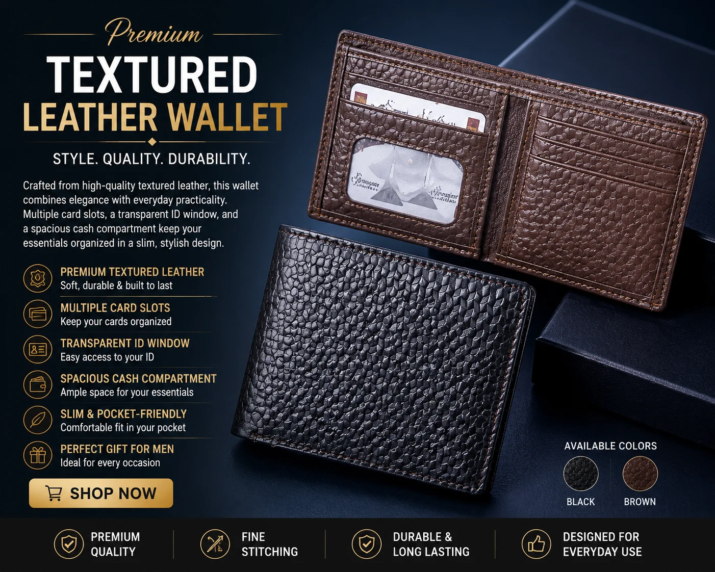 Premium Textured Bifold Wallet – Elegant Men's Leather Wallet