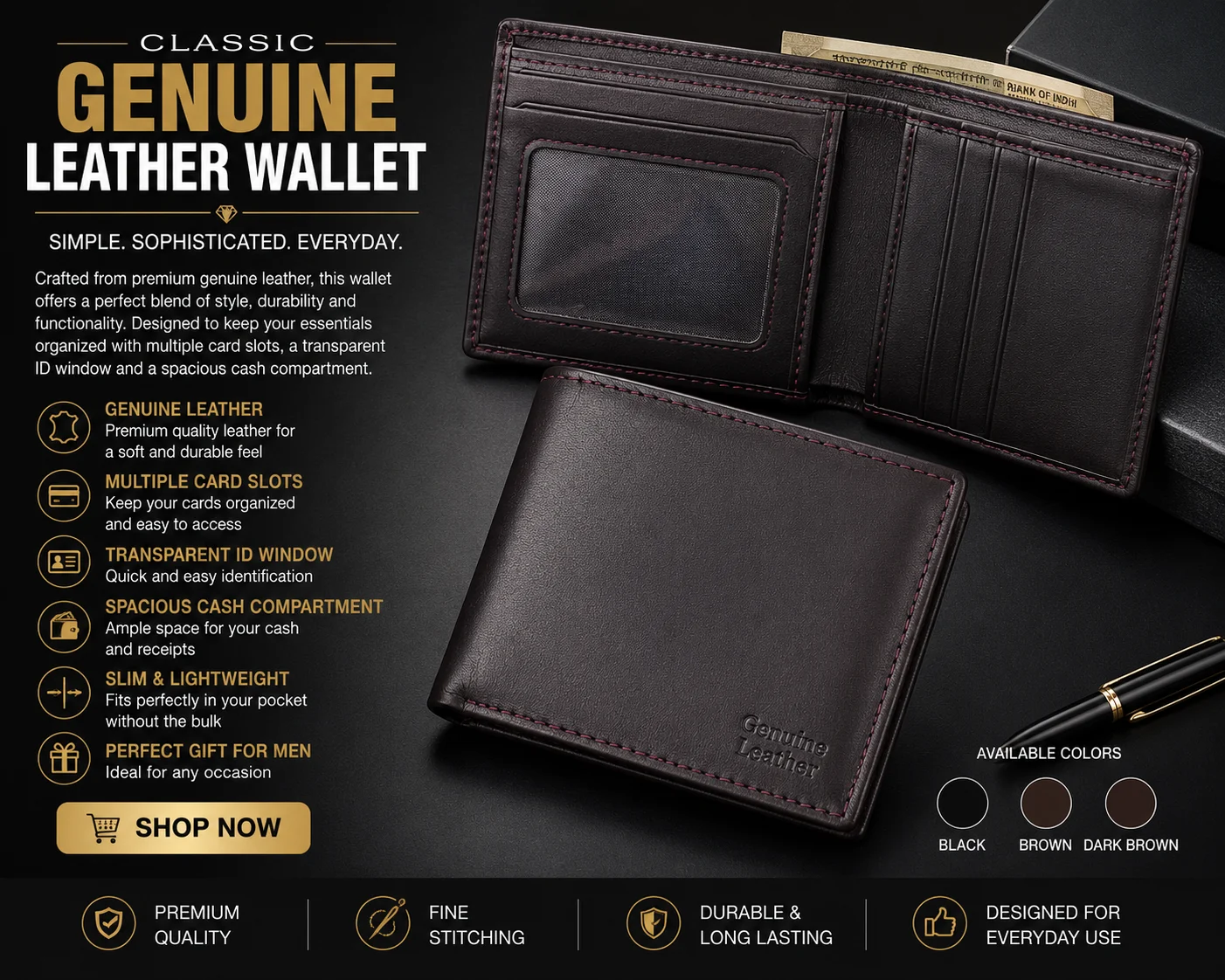 Classic Genuine Leather Bifold Wallet – Premium Men's Wallet