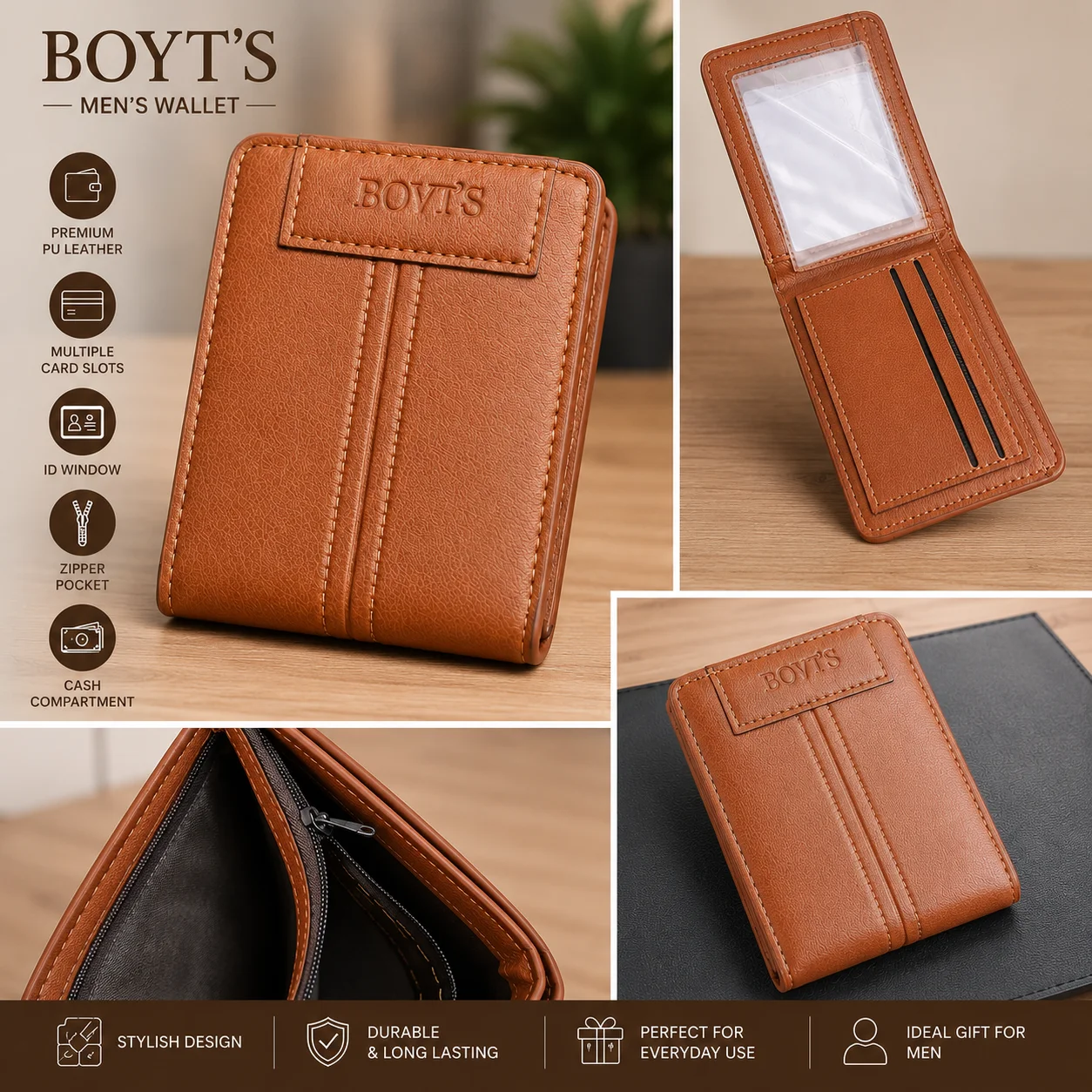 BOYT'S Premium Men's Wallet ID Window & Zipper Pocket