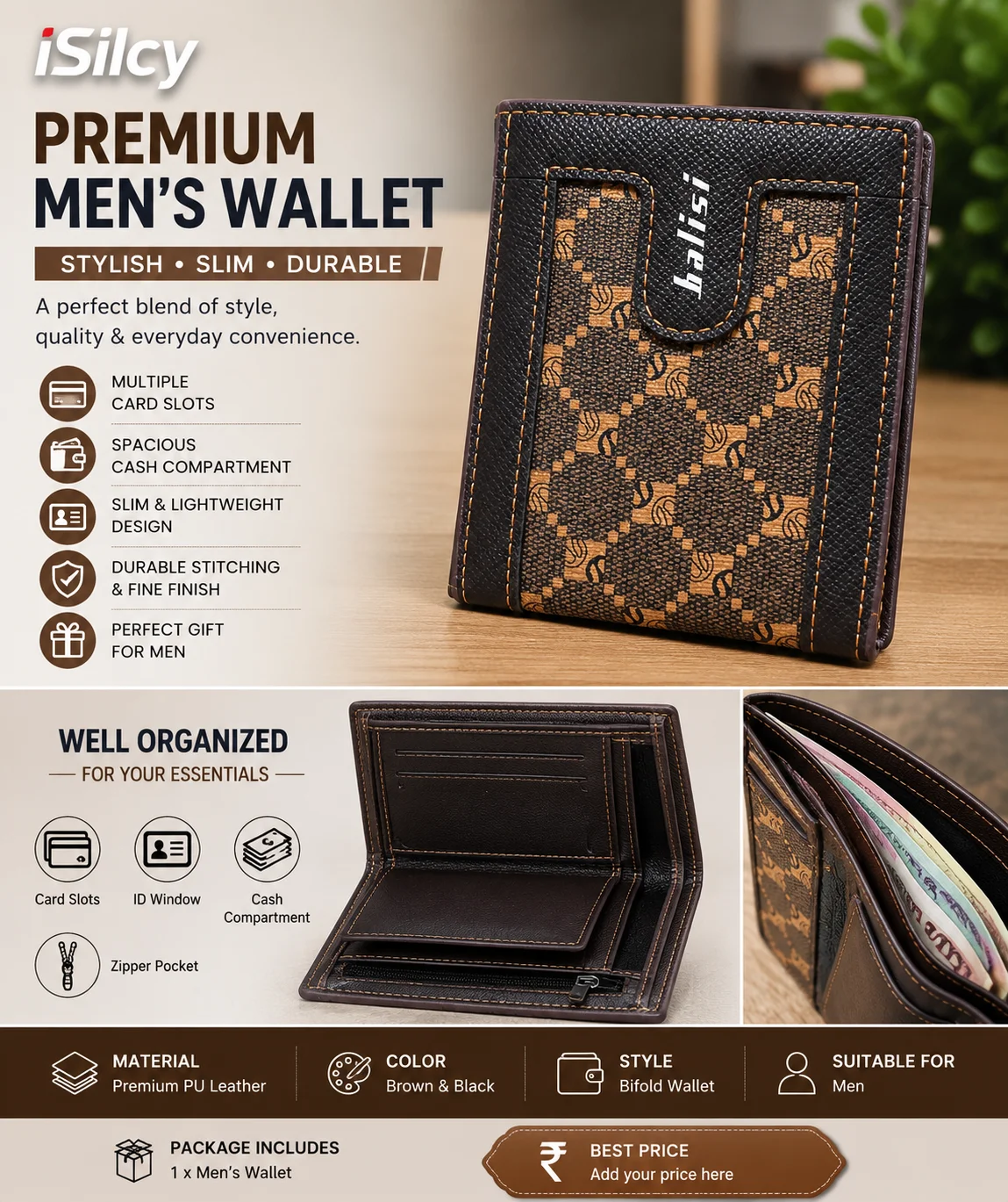 iSilcy Premium Men's Wallet – Stylish Bifold Wallet with Card Holder & Cash Compartment