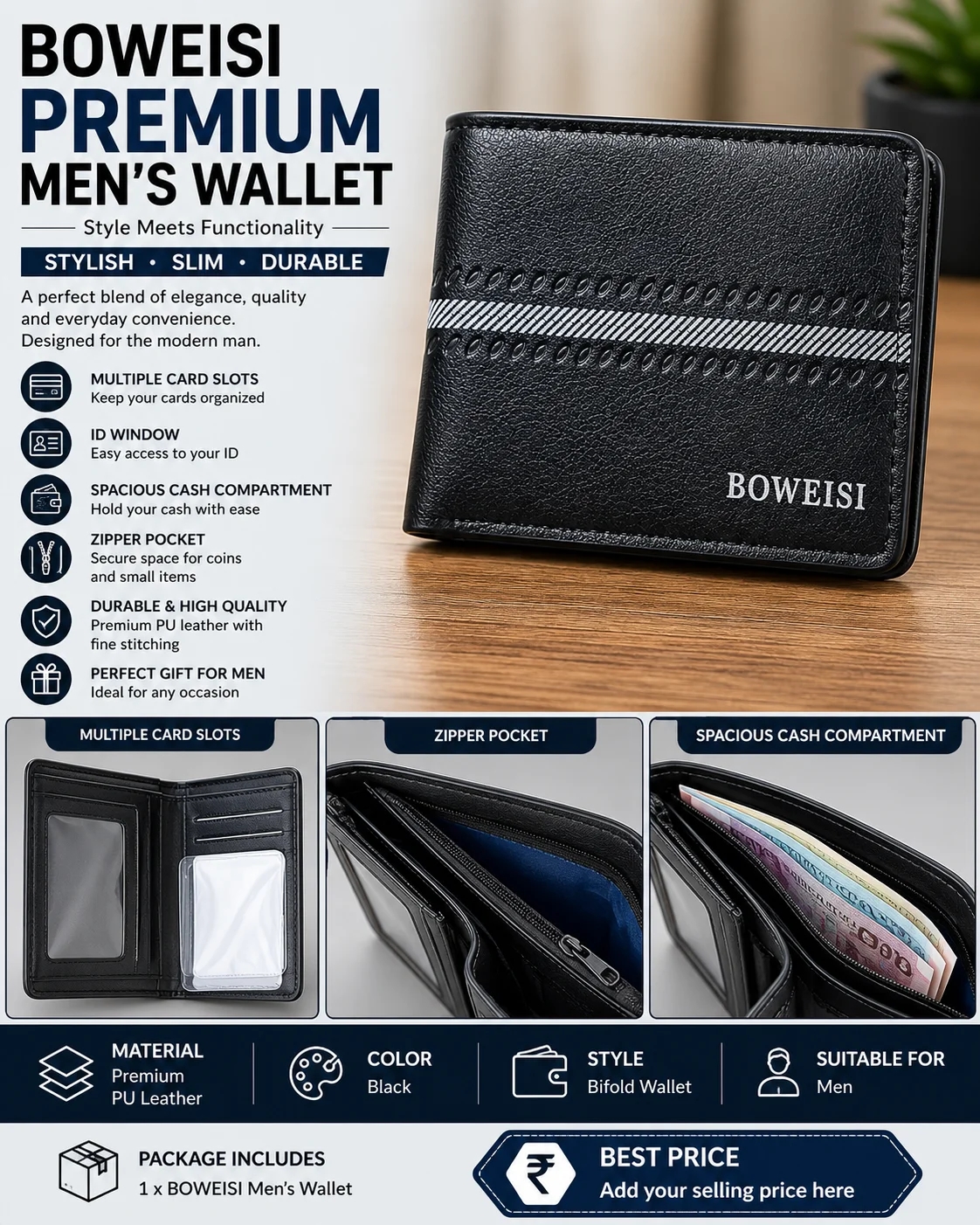 BOWEISI Premium Men's Wallet – Leather Bifold Wallet with ID Window, Card Slots & Zipper Pocket