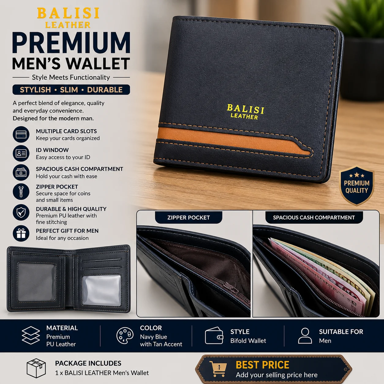 BALISI Leather Premium Men's Wallet – Stylish Bifold Wallet with Card Slots & Zipper Pocket