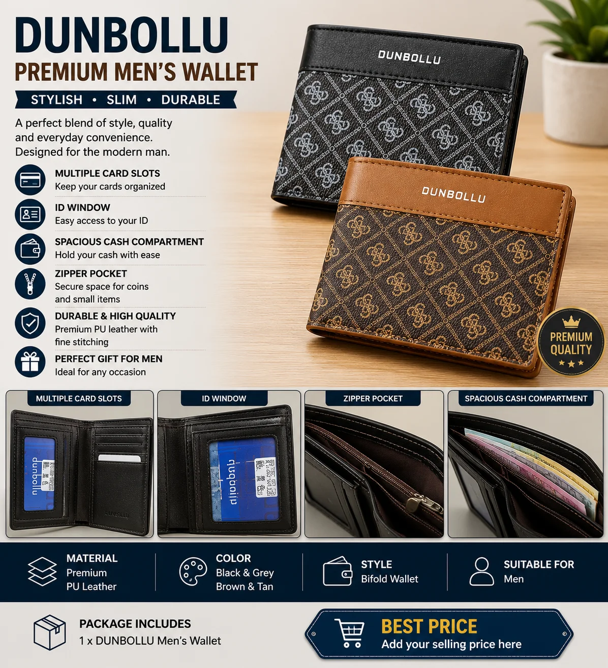 DUNBOLLU Premium Men's Wallet – Stylish Bifold Wallet with Card Slots, ID Window & Zipper Pocket