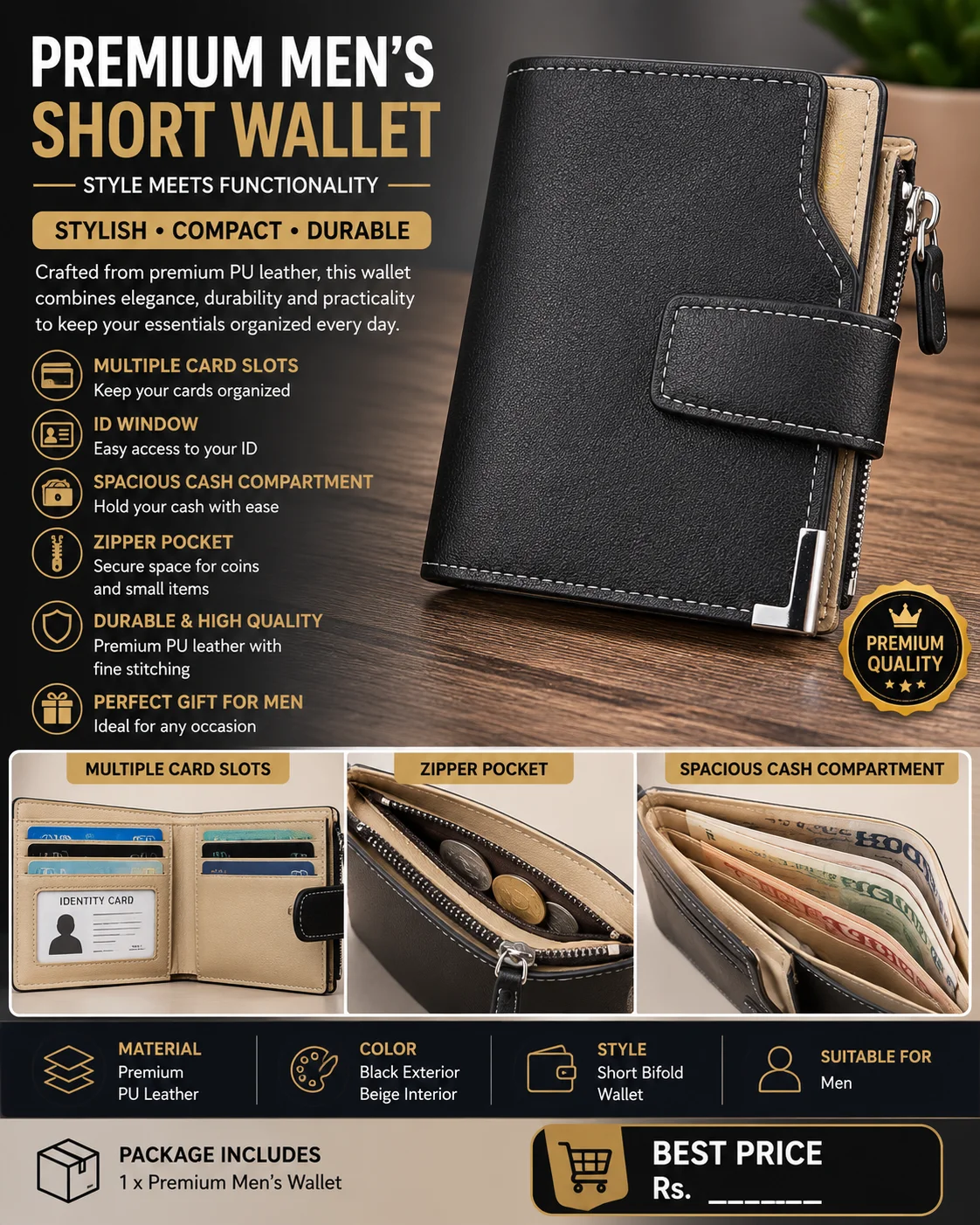 Premium Men's Short Wallet – PU Leather Bifold Wallet with Zipper Pocket & ID Window