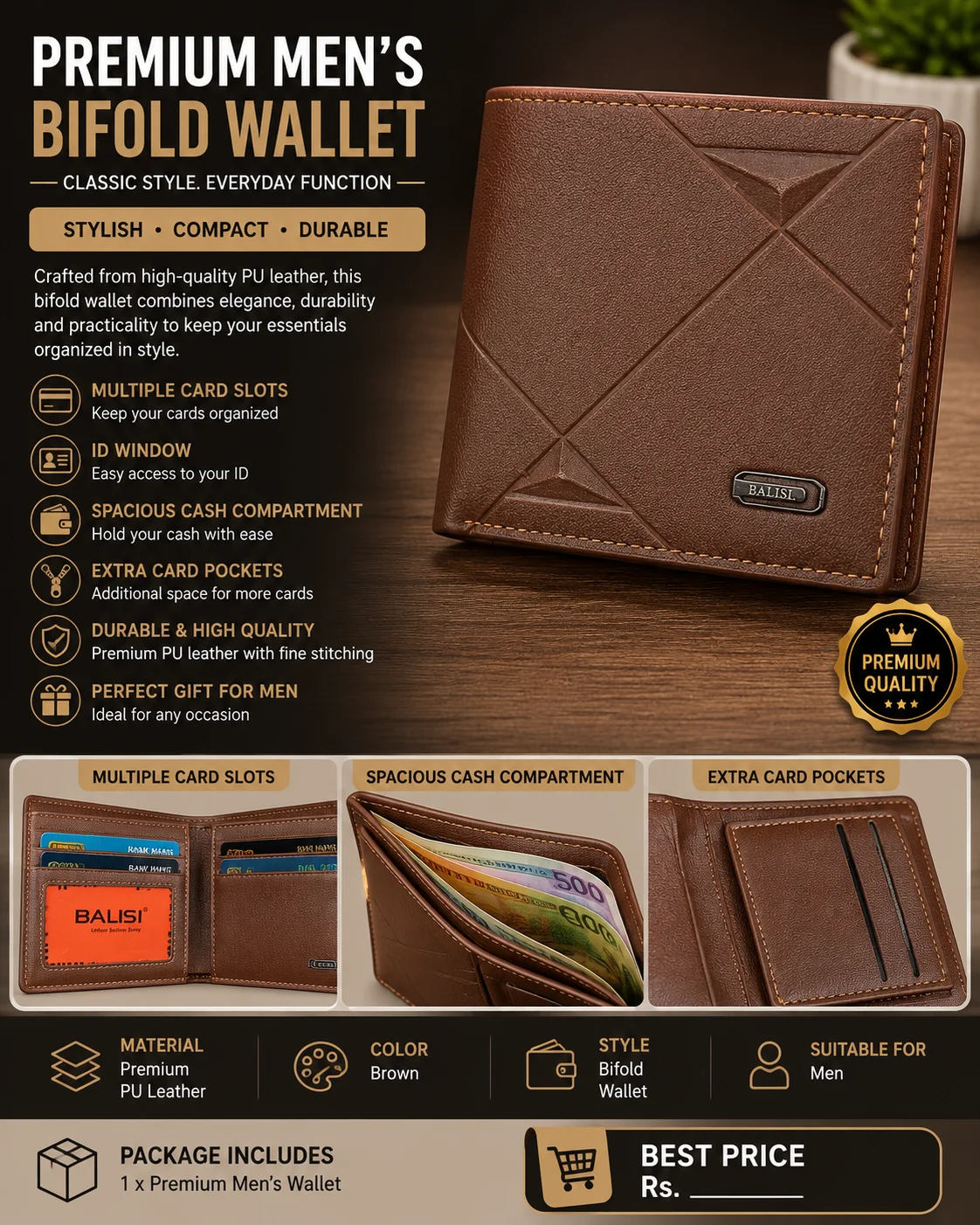 BALISI Premium Brown Bifold Wallet for Men – Stylish & Durable Leather Wallet
