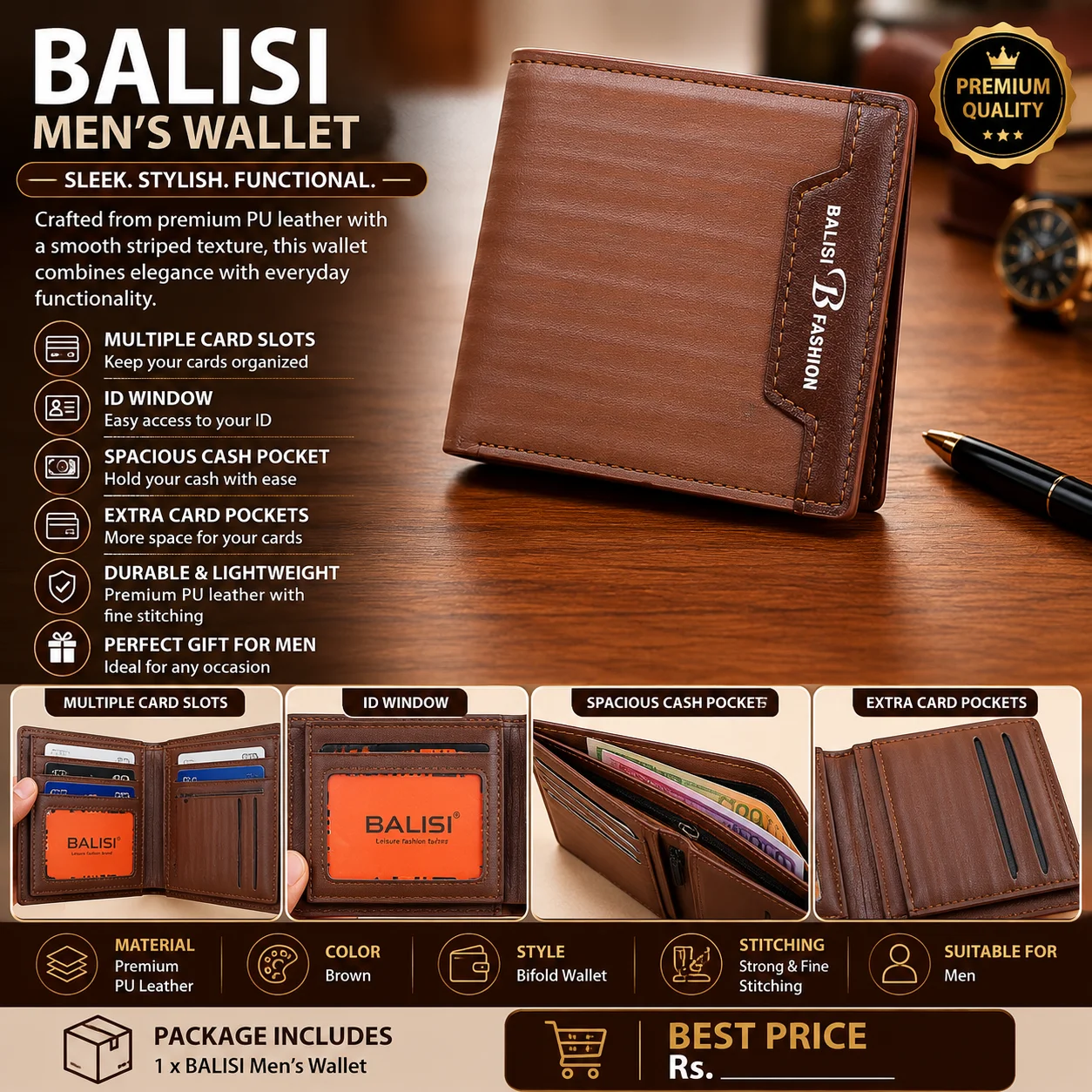 BALISI Fashion Men's Brown Bifold Wallet – Premium PU Leather Wallet