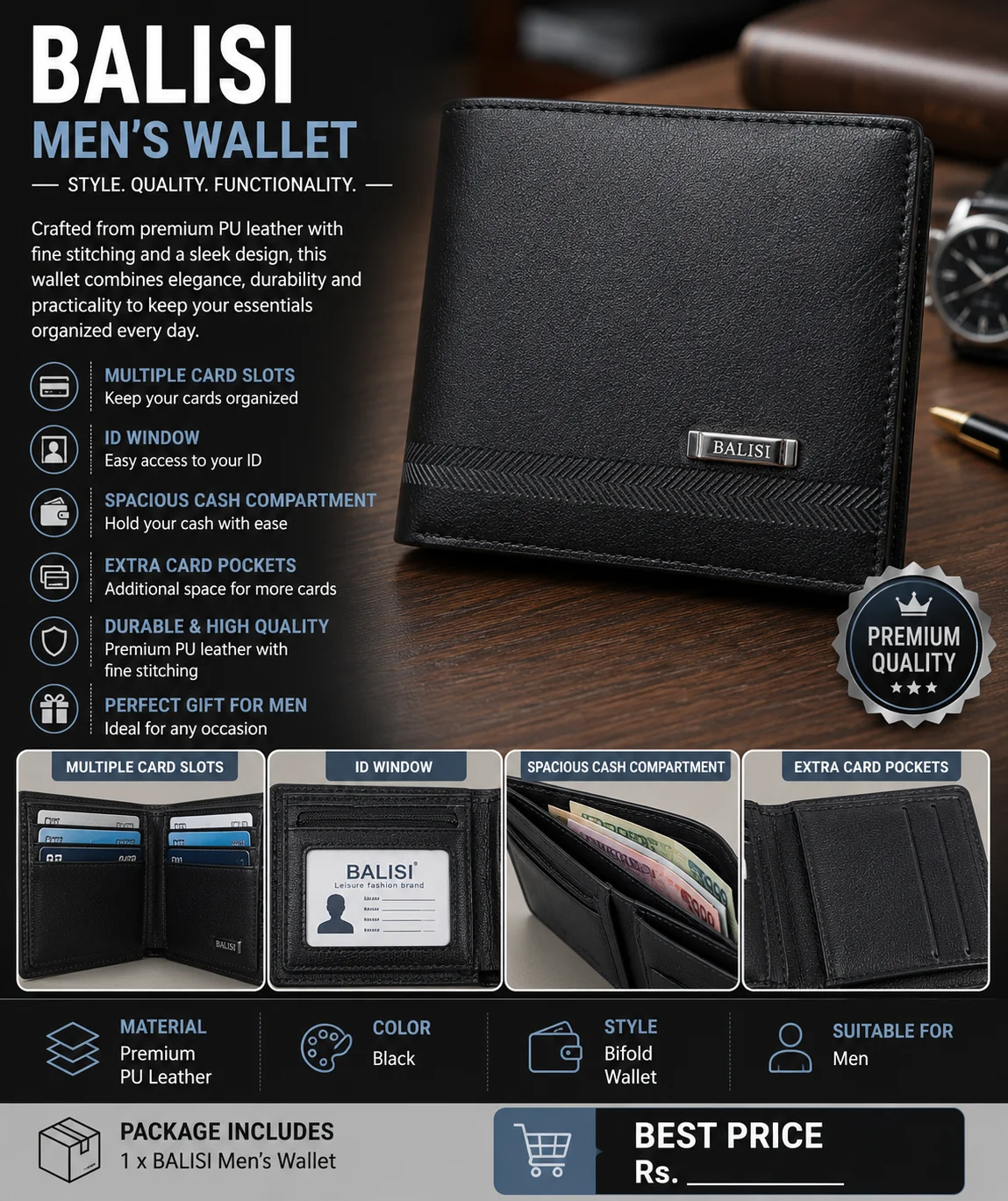 BALISI Men's Black Leather Wallet – Premium Bifold Wallet