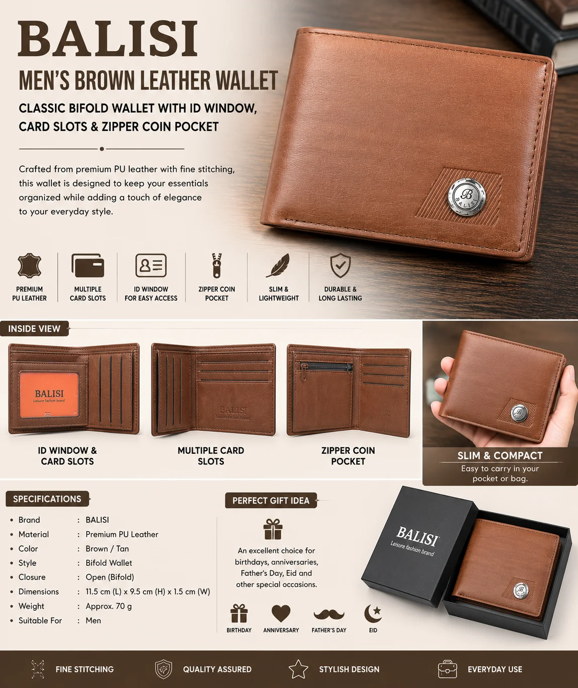 BALISI Men's Brown Leather Wallet – Classic Bifold Wallet