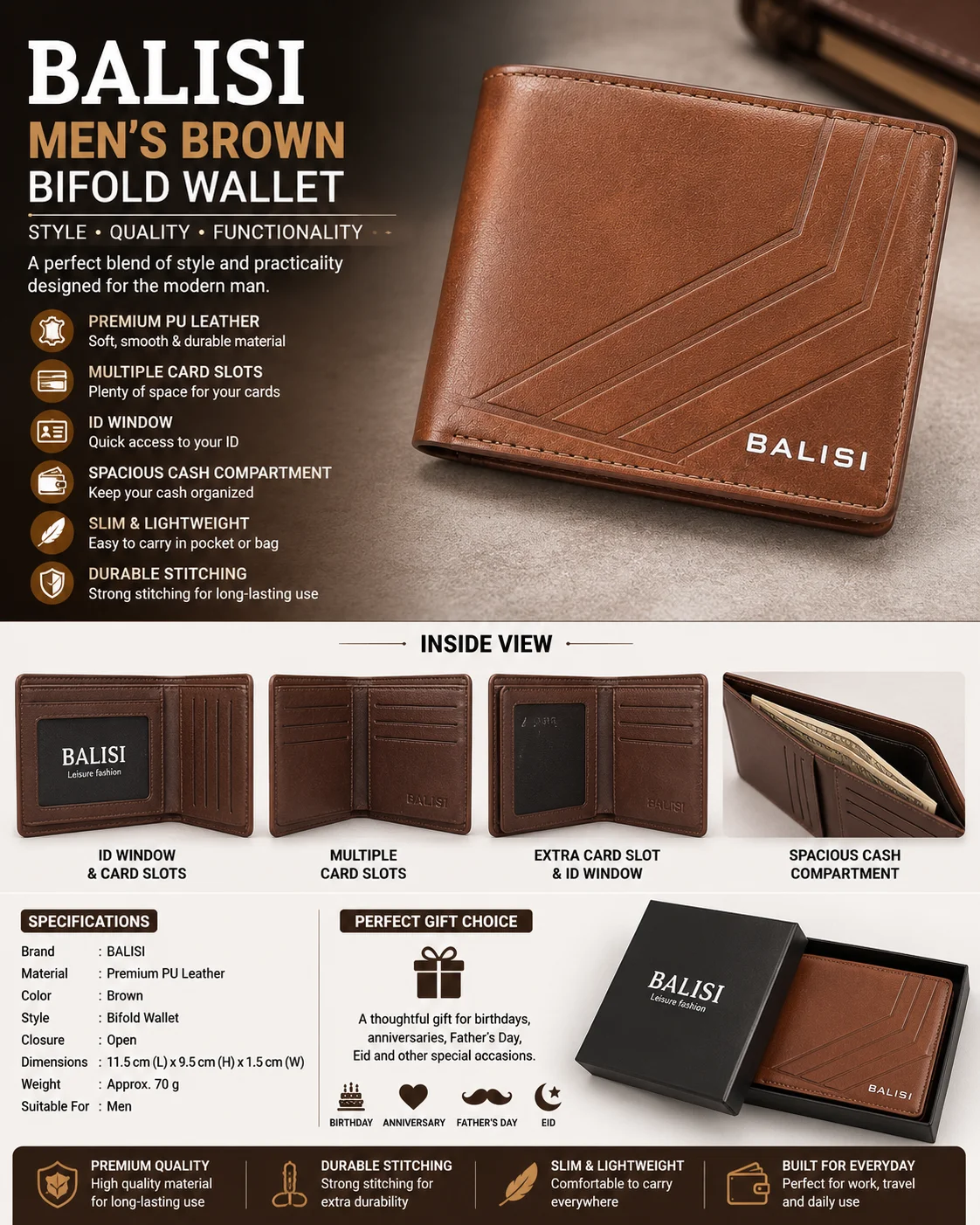 BALISI Men's Brown Bifold Wallet – Premium PU Leather Wallet