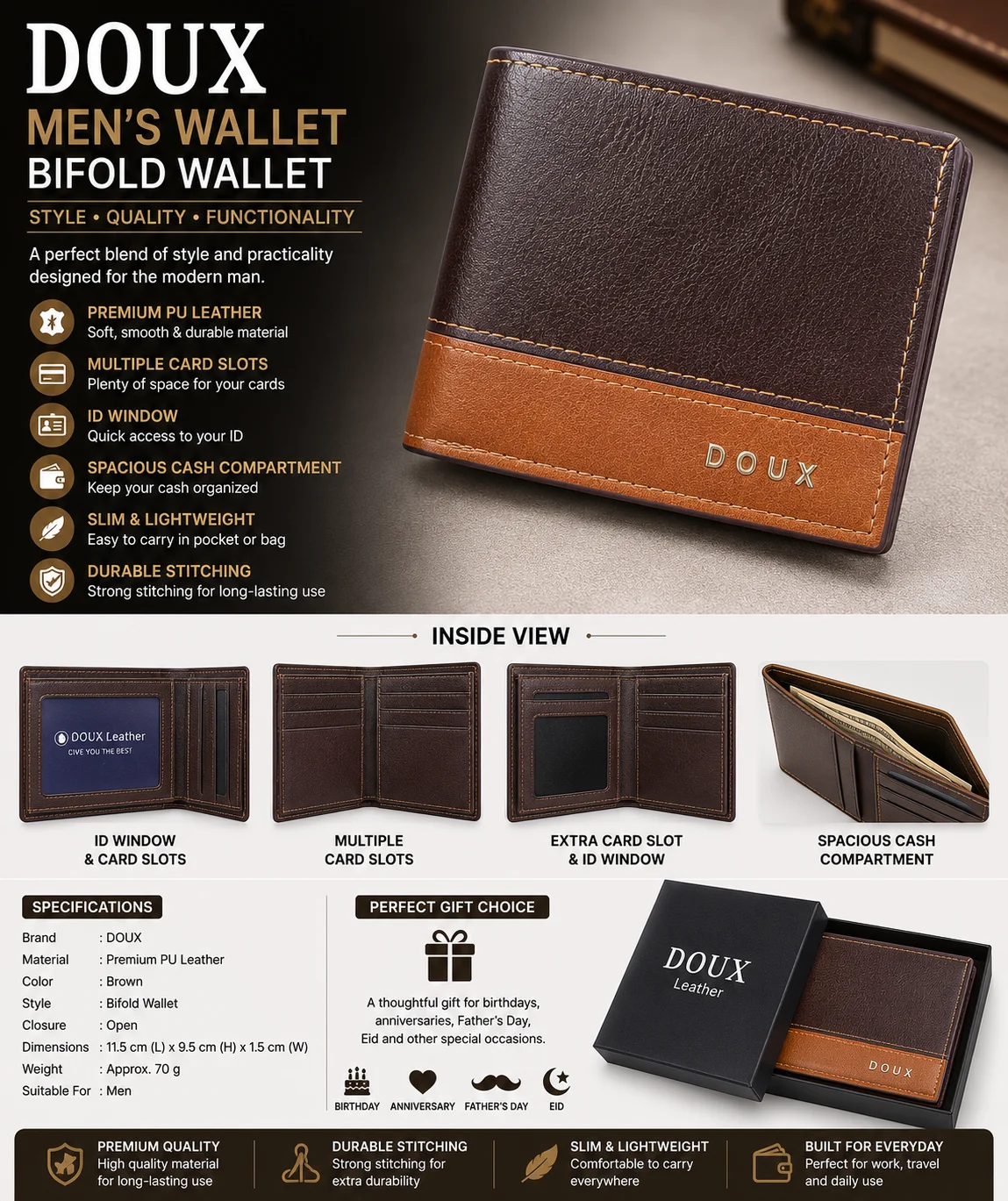 DOUX Men's Brown Bifold Wallet – Premium PU Leather Wallet