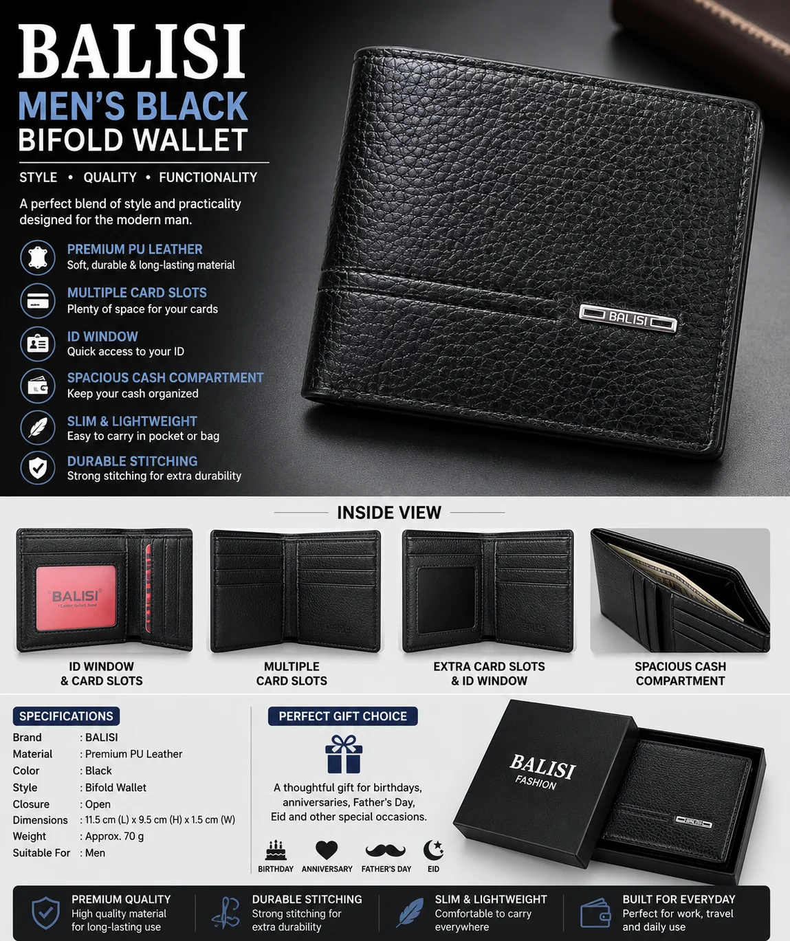 BALISI Men's Black Premium Bifold Wallet – Stylish Leather Wallet